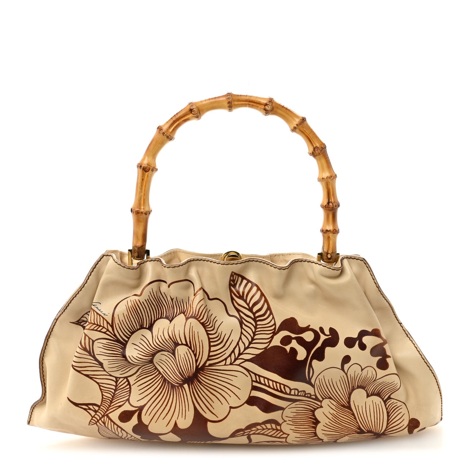 Calfskin Floral Printed Bamboo Top Handle Frame Bag Beige Brown