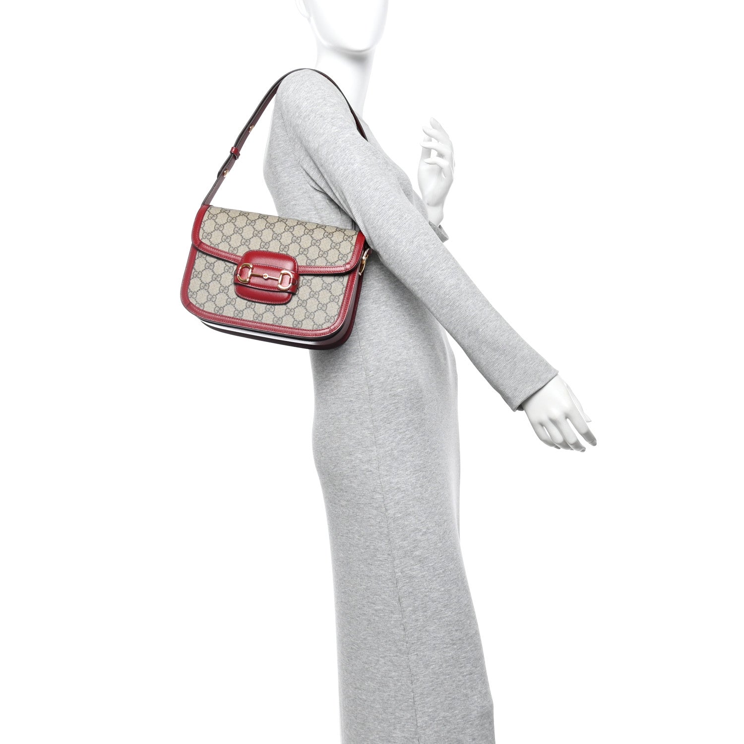 GG Supreme Monogram Azalea Calfskin Horsebit 1955 Shoulder Bag Beige Ebony New Cherry Red