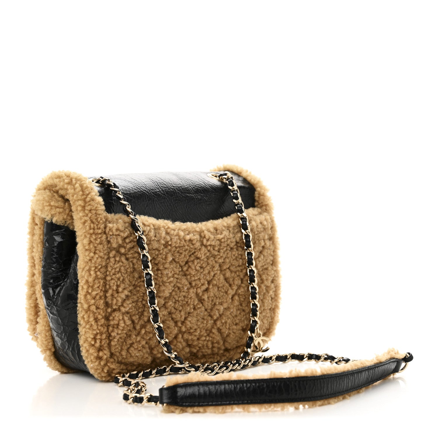 Shiny Crumpled Sheepskin Shearling CC Mania Flap Bag Black Beige