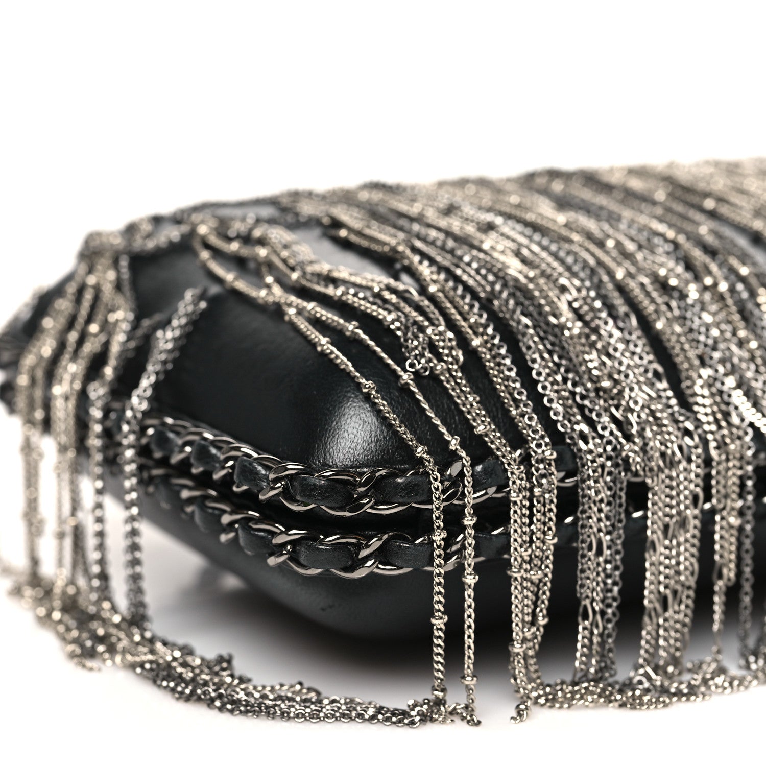 Lambskin Chain Fringe Clutch With Chain  Black