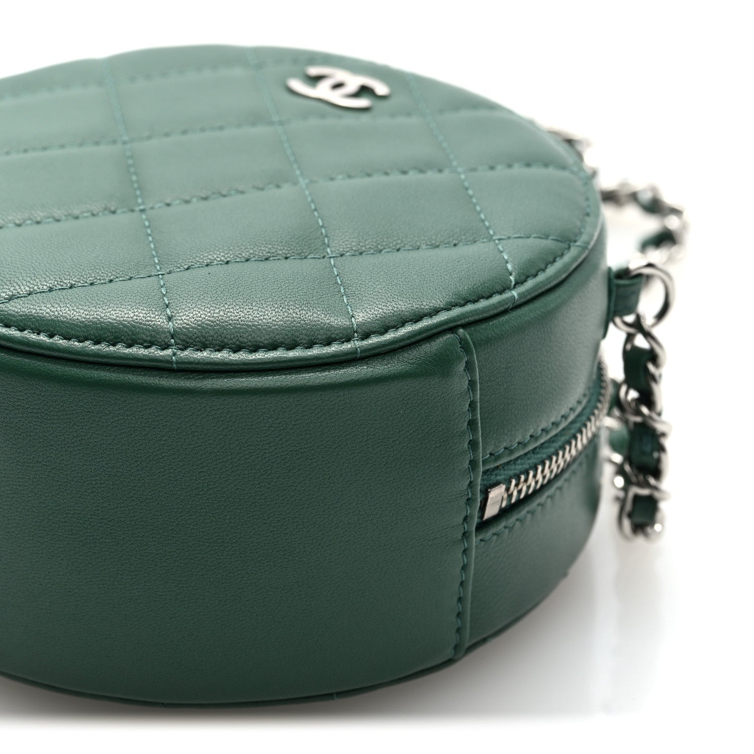Lambskin Quilted Round Clutch With Chain Green
