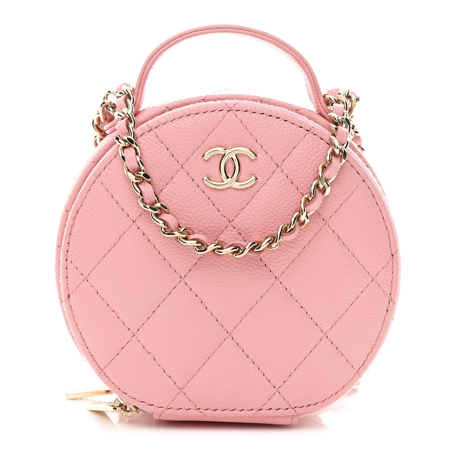 Caviar Quilted Round Handle With Care Vanity With Chain Pink