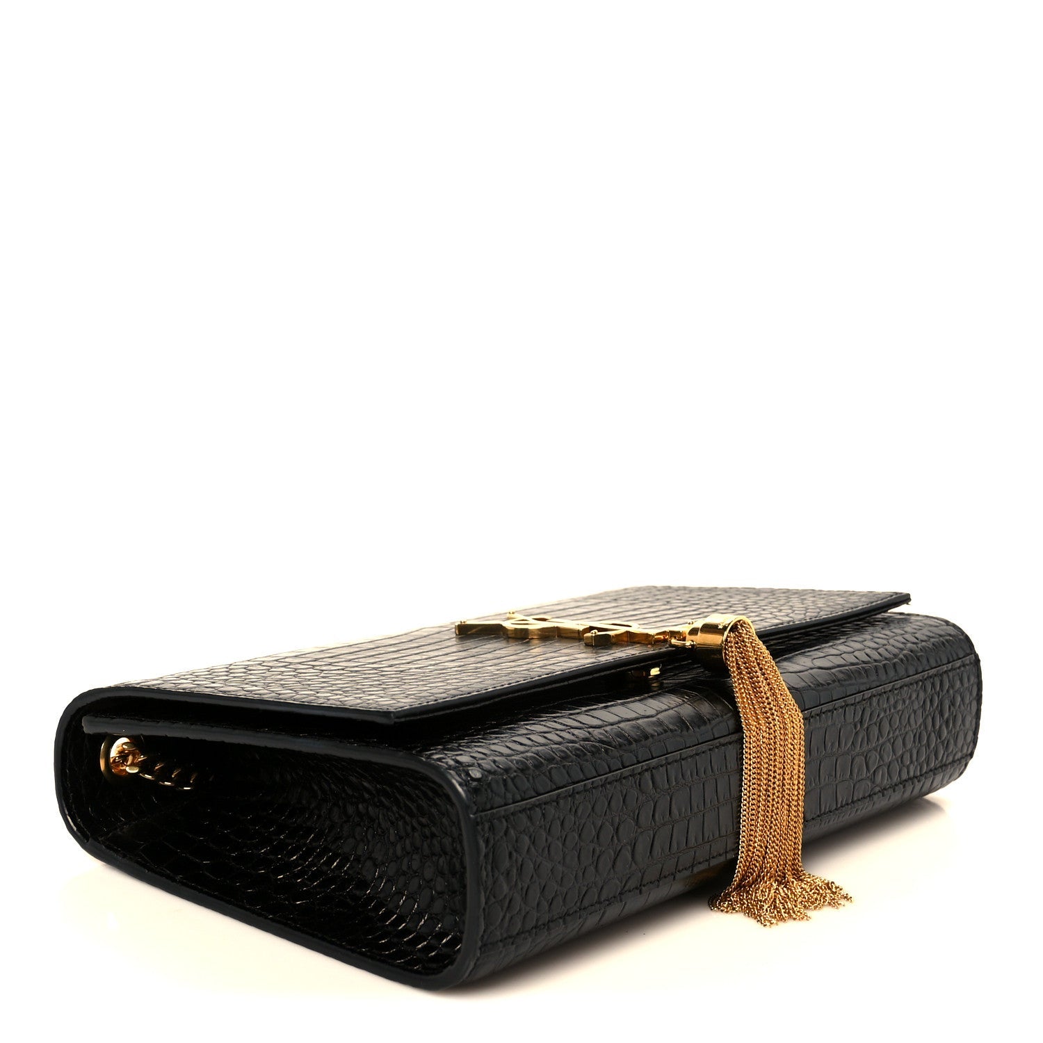 Calfskin Crocodile Embossed Medium Classic Monogram Kate Tassel Satchel Black
