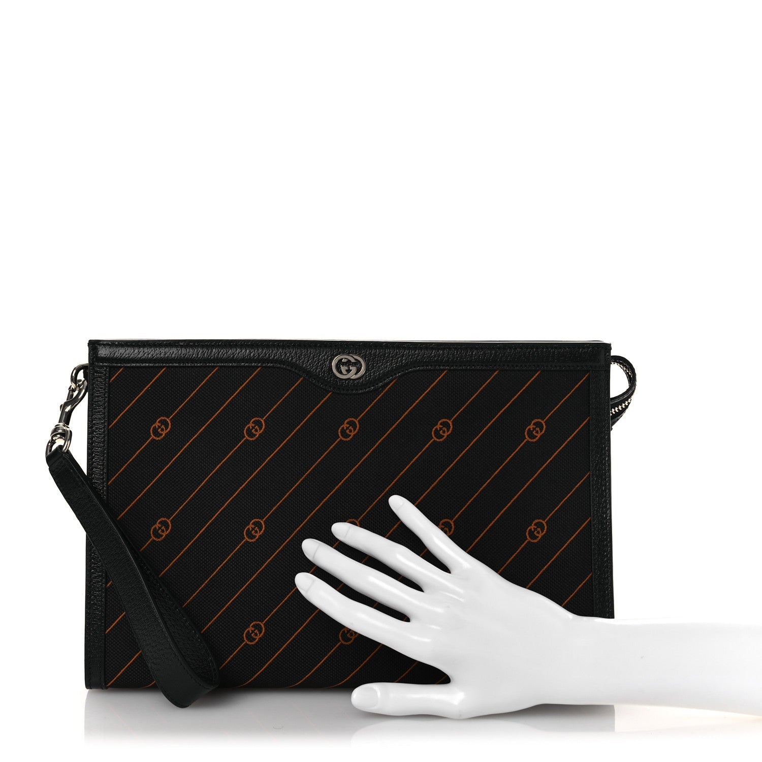 Canvas Diagonal Interlocking G Zip Pouch Black Orange