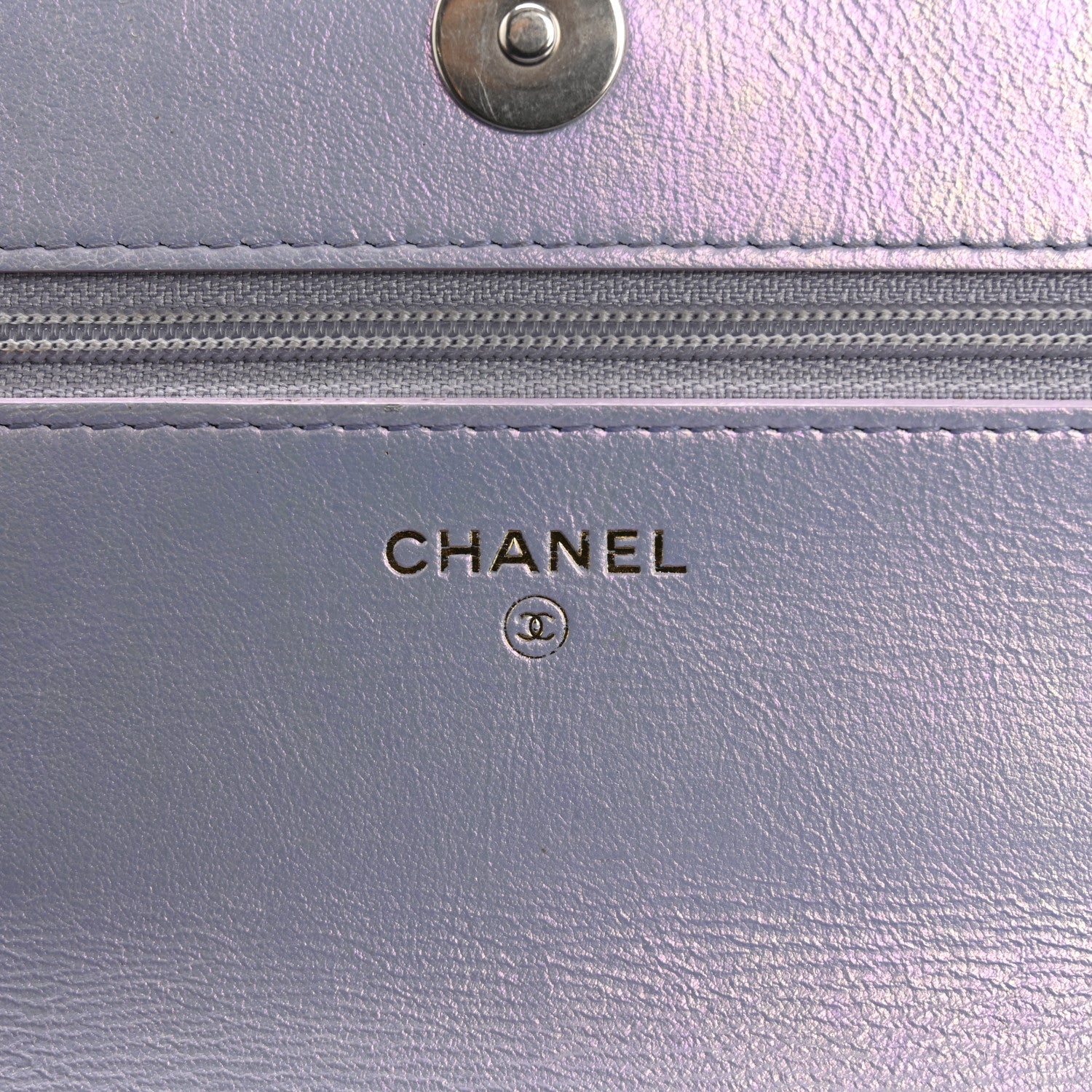 Iridescent Calfskin Quilted Chanel 19 Wallet On Chain WOC Light Purple