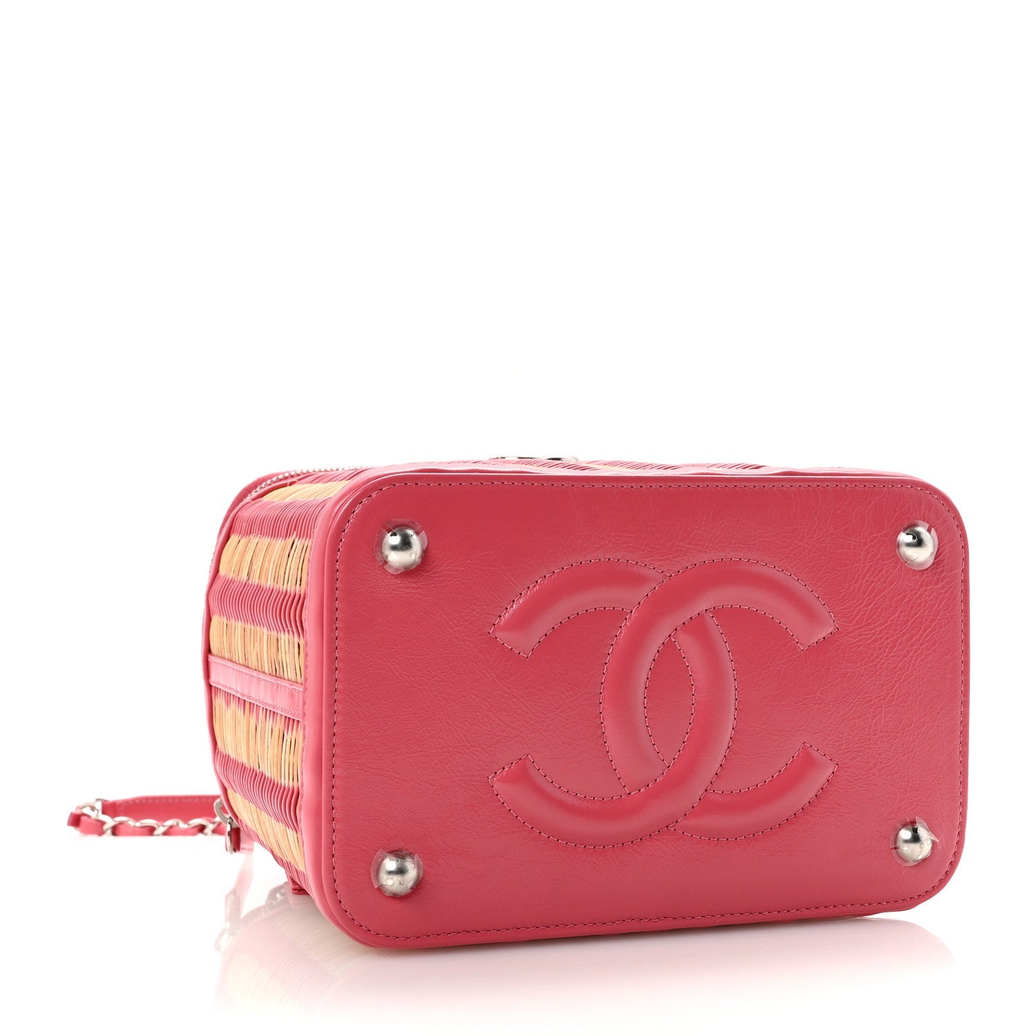 Glazed Calfskin Raffia Vanity Case Bag Pink