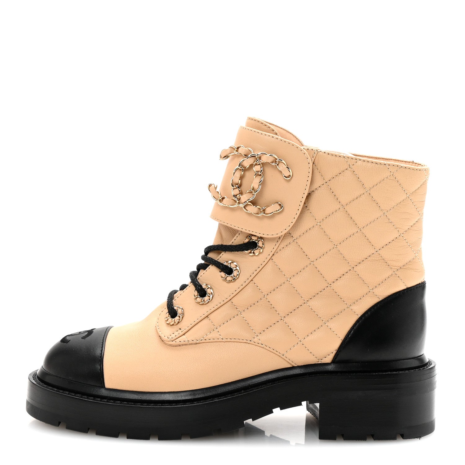 Lambskin Calfskin Quilted Lace Up Combat Boots 35.5 Beige Black