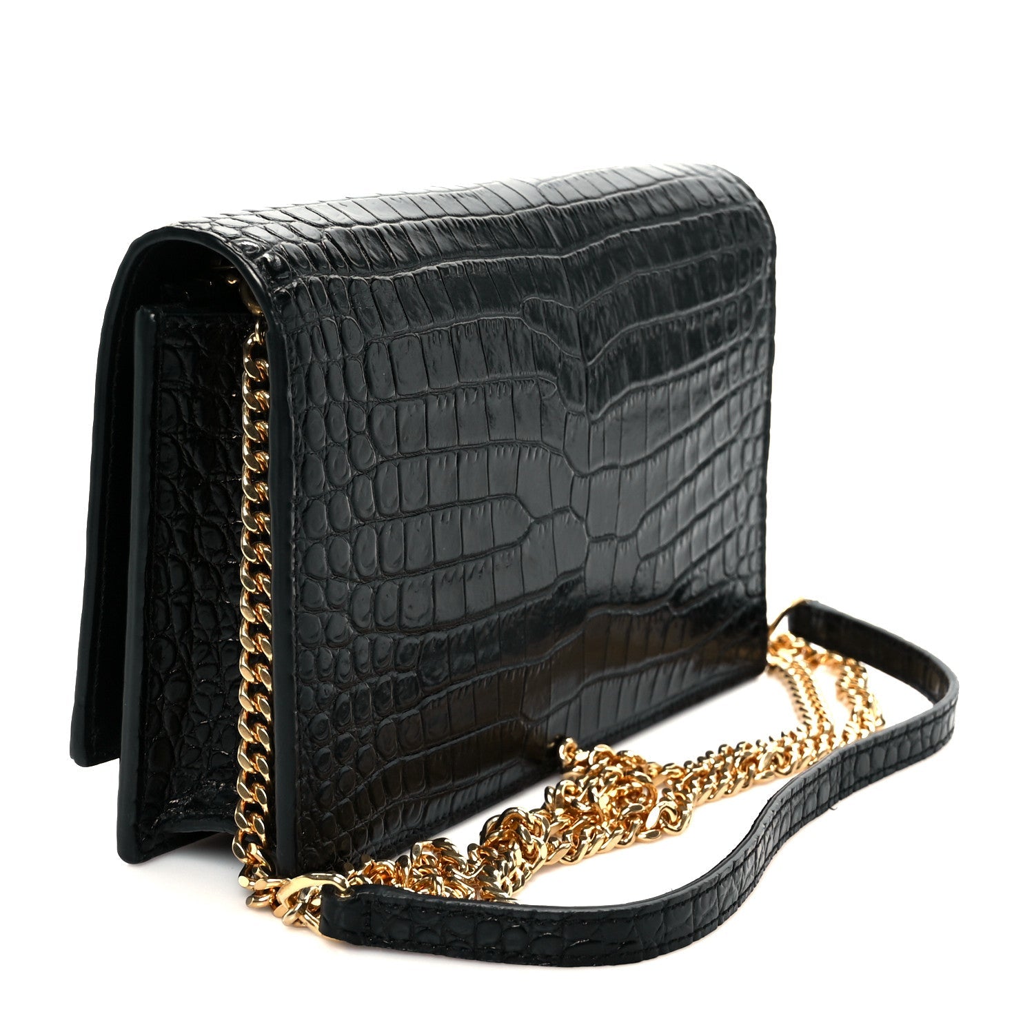 Calfskin Crocodile Embossed Kate Monogram Tassel Chain Wallet Black