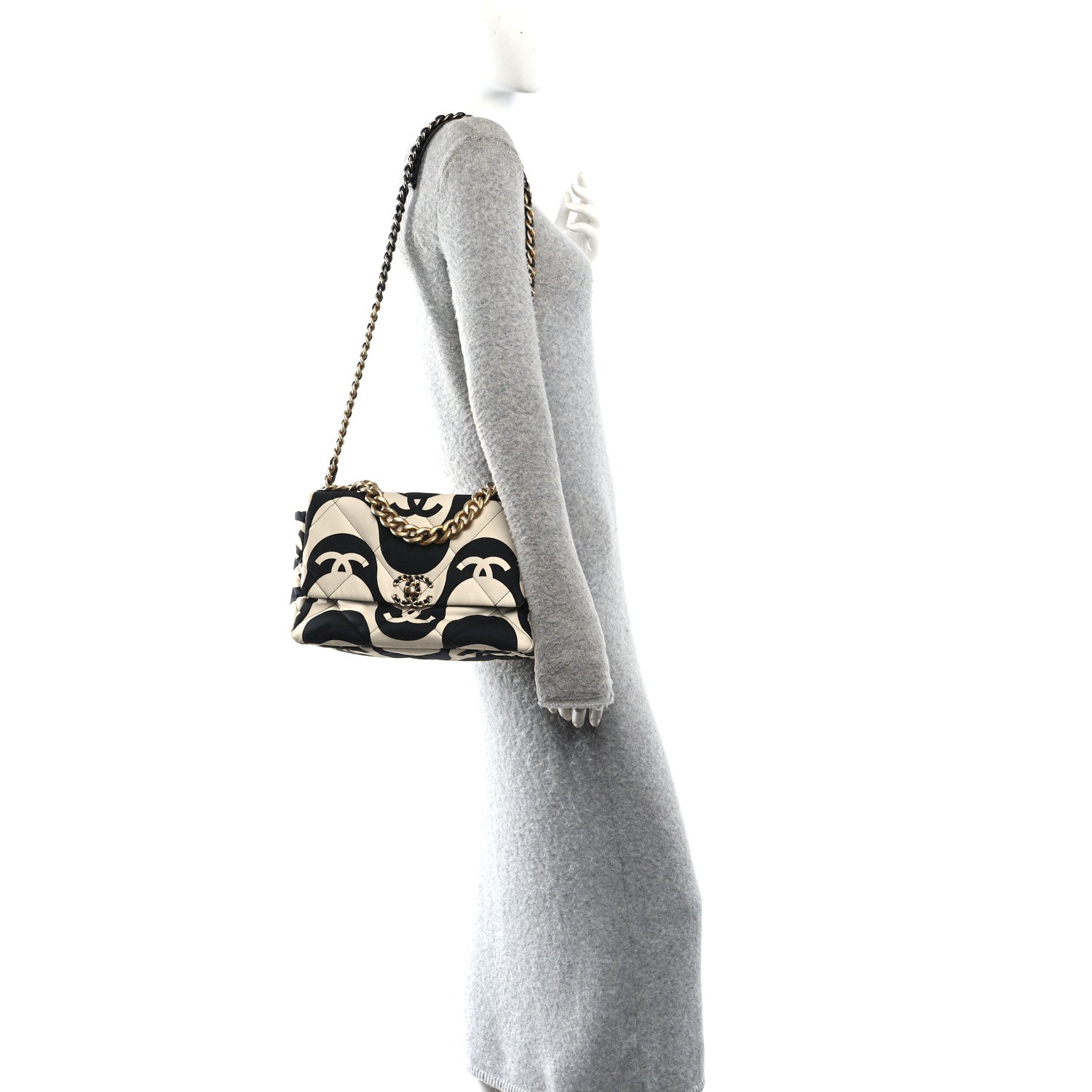 Fabric Printed Large Chanel 19 Flap Black Ecru
