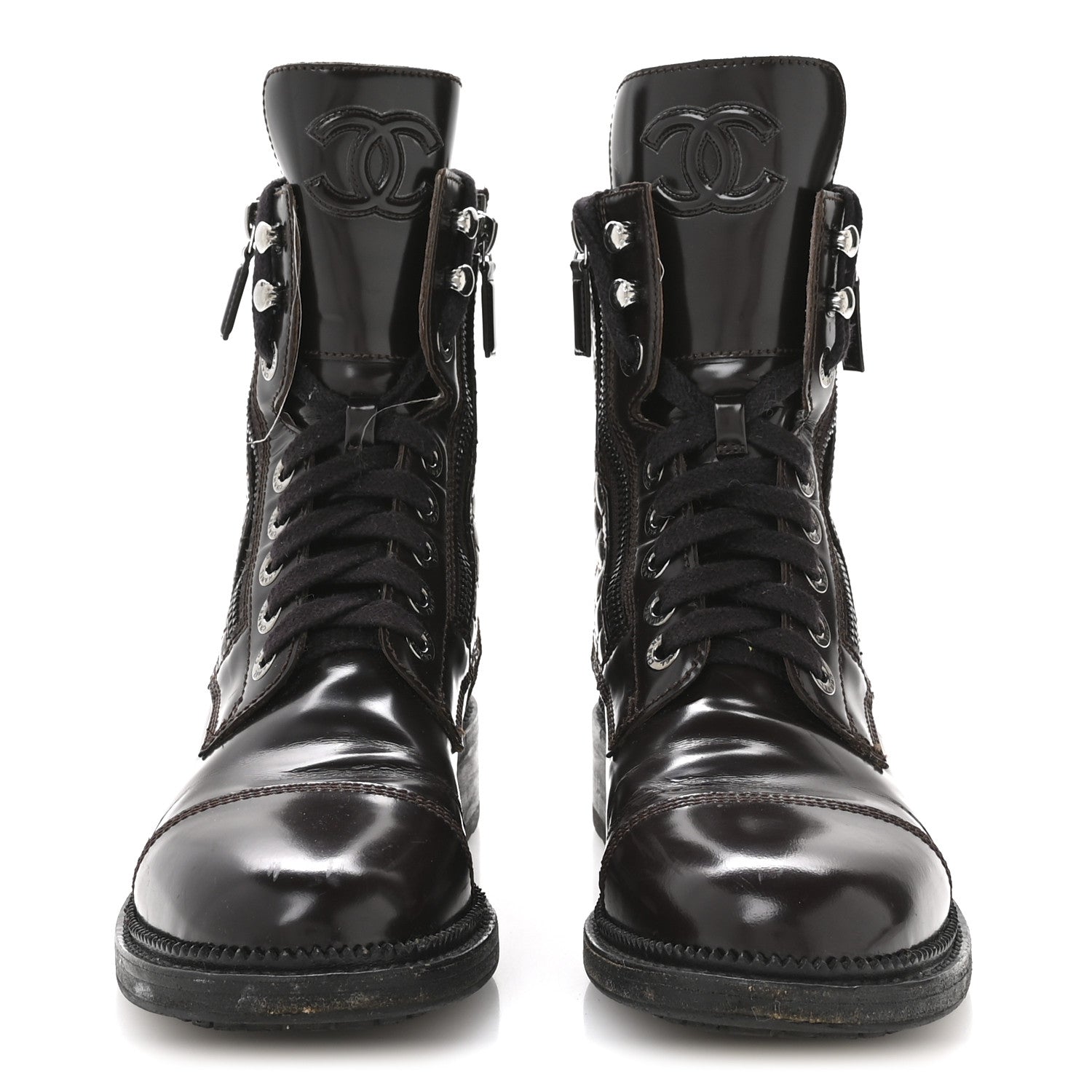 Shiny Calfskin Quilted CC Lace Up Combat Boots 37.5 Dark Burgundy