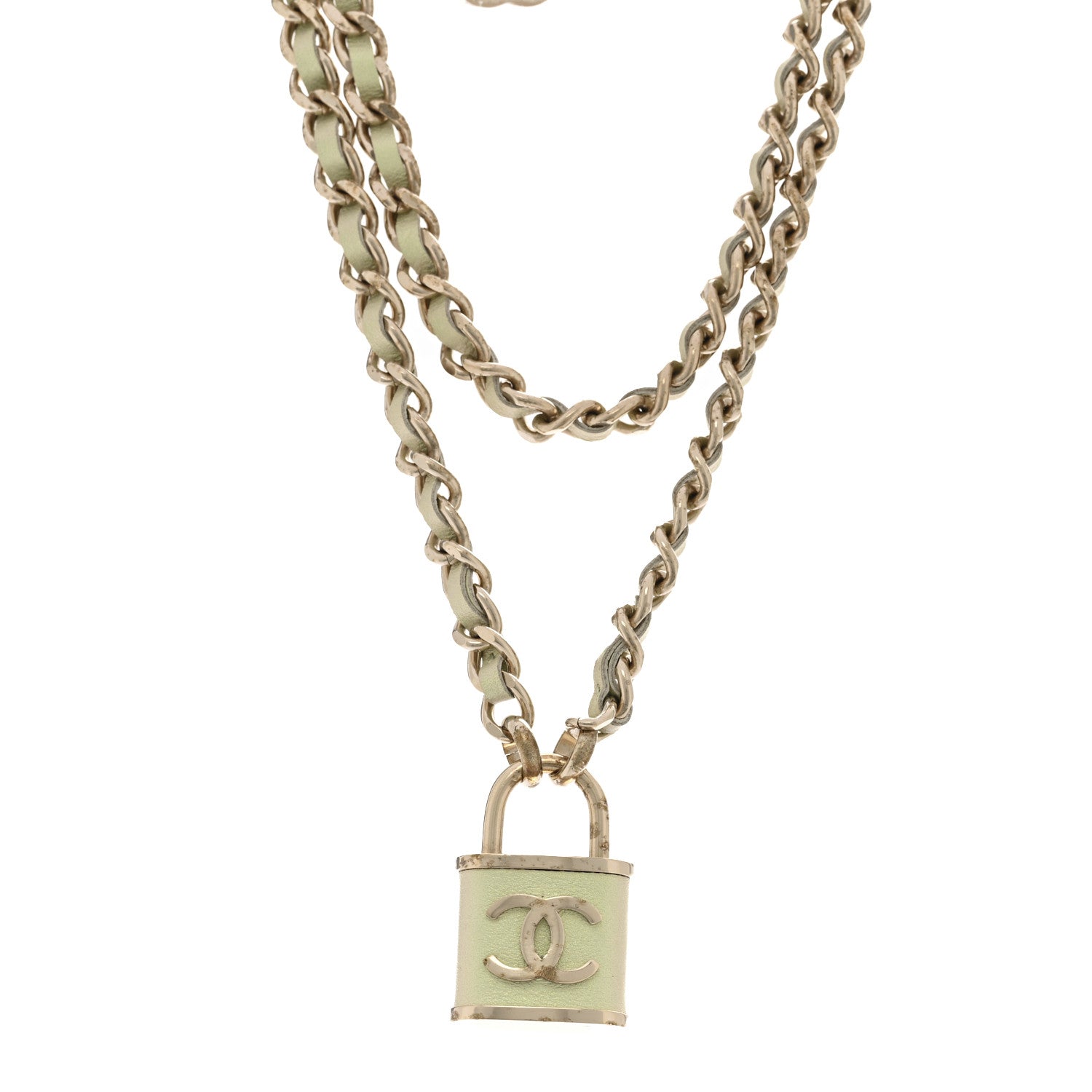 Metal Lambskin Lock Necklace Iridescent Green