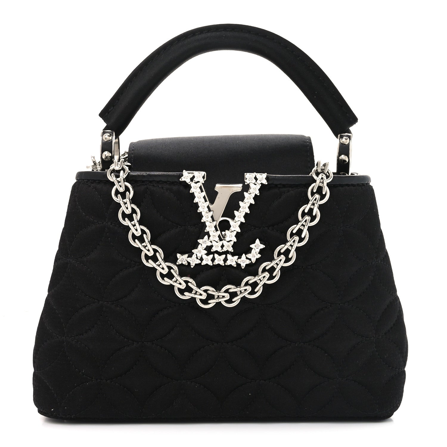 Satin Quilted Flower Crystal Mini Capucines Black