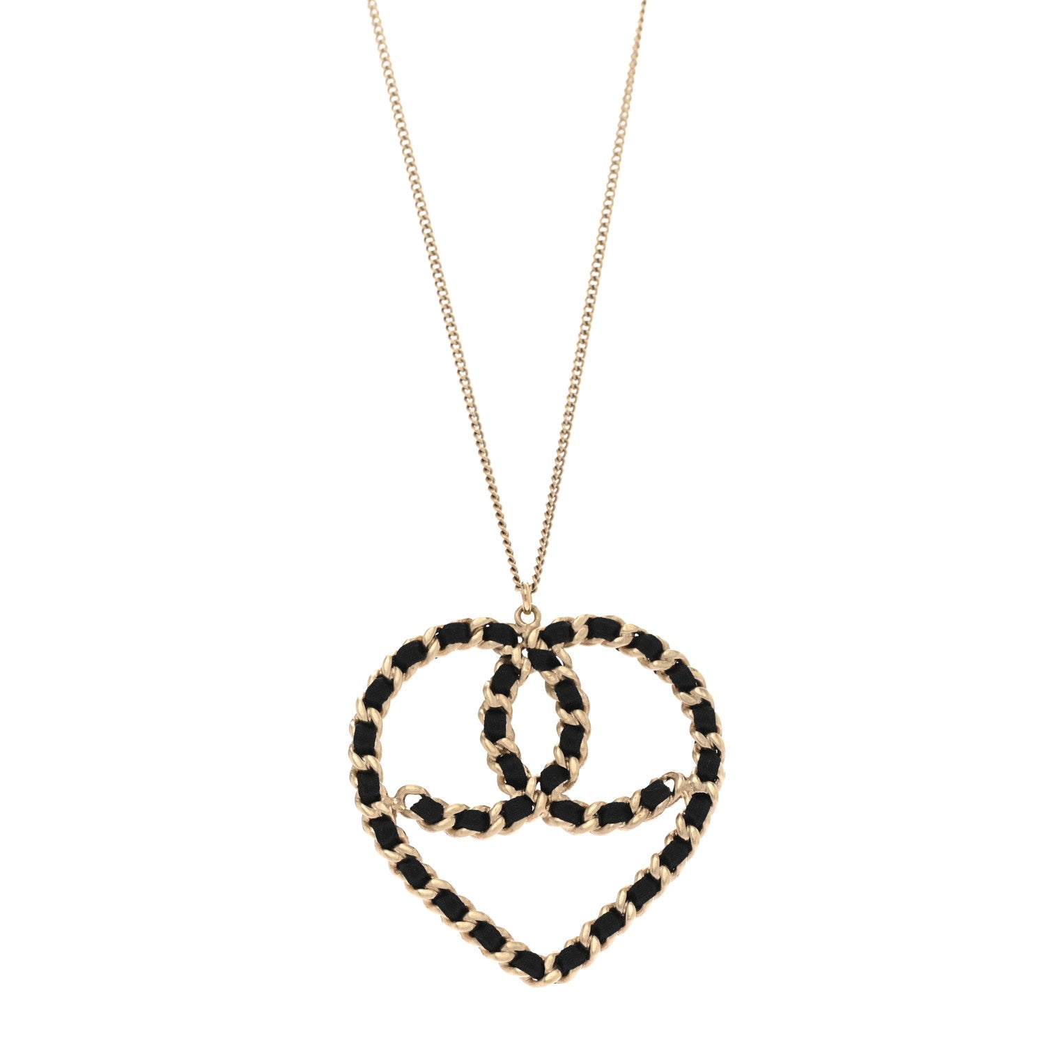 Satin Metal Chain CC Heart Necklace Black Gold