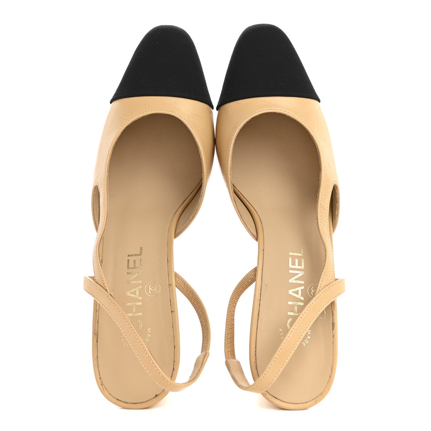 Goatskin Grosgrain Cap Toe CC Slingback Pumps 37.5 Beige Black