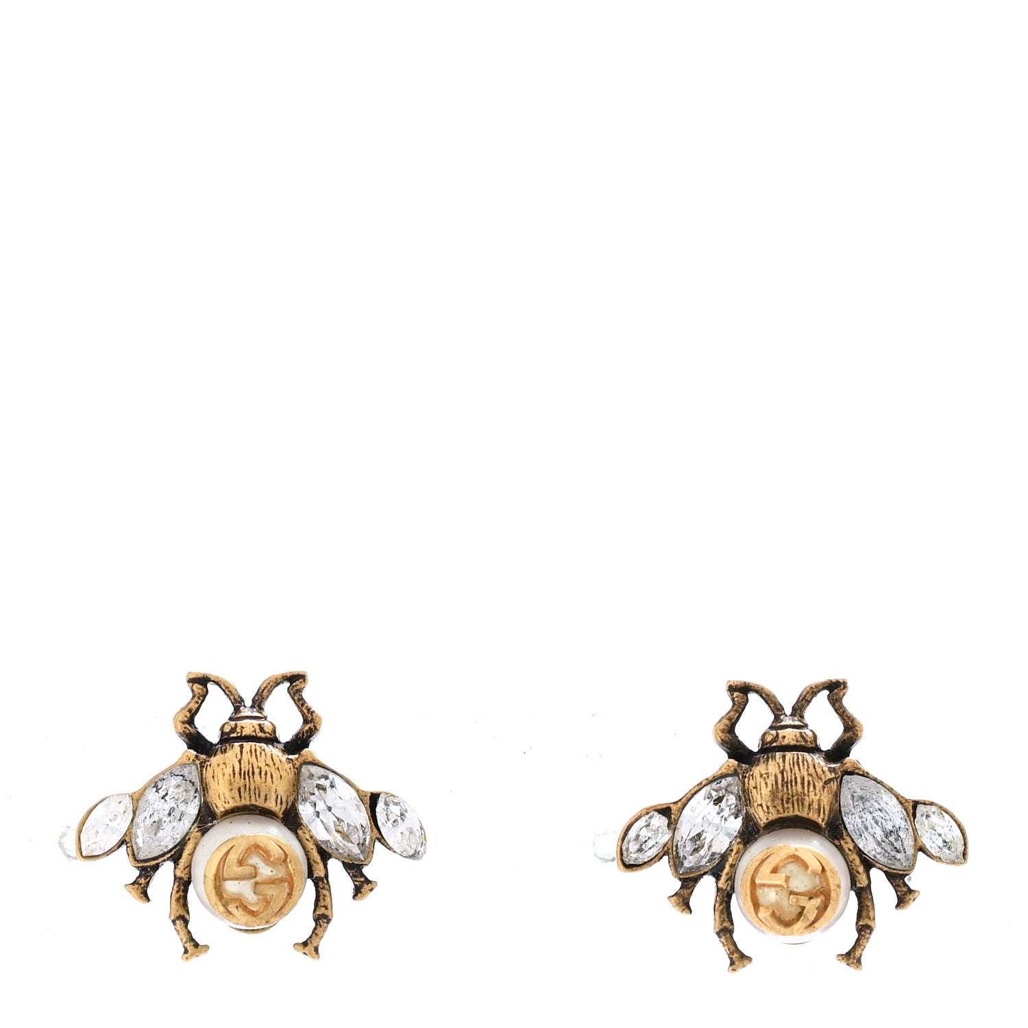 Crystal Pearl GG Bee Earrings Gold
