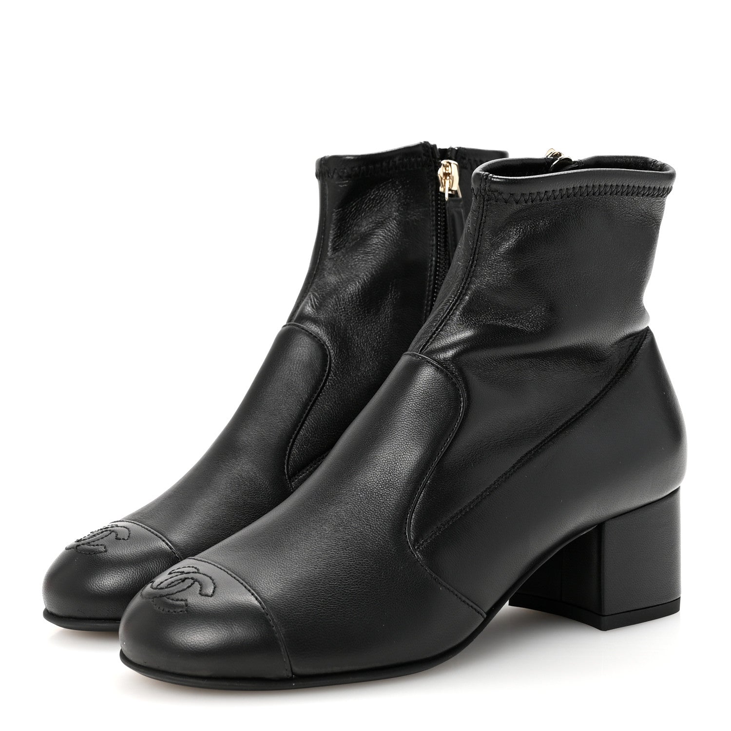 Stretch Lambskin Cap Toe CC Uniform Short Boots  35 Black
