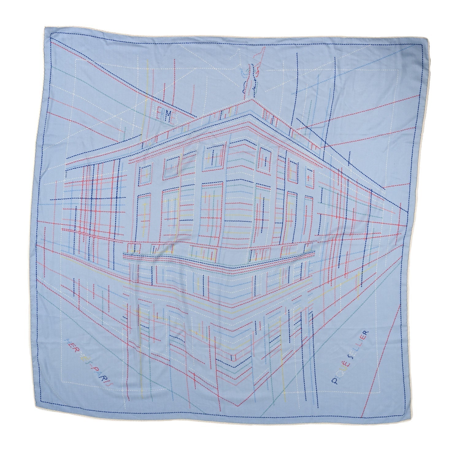 Cashmere Silk Embroidered Giant Pique Sellier Scarf 140 Bleu Ciel Rose Jaune