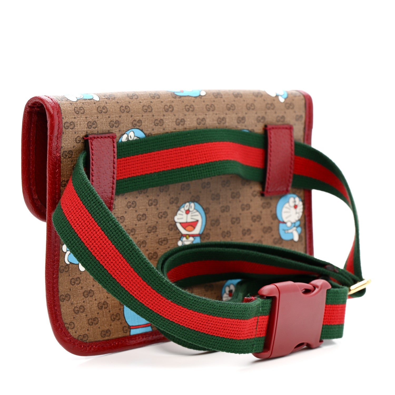 X DORAEMON Mini Vintage GG Supreme Monogram Web Slim Belt Bag Beige Cherry Red