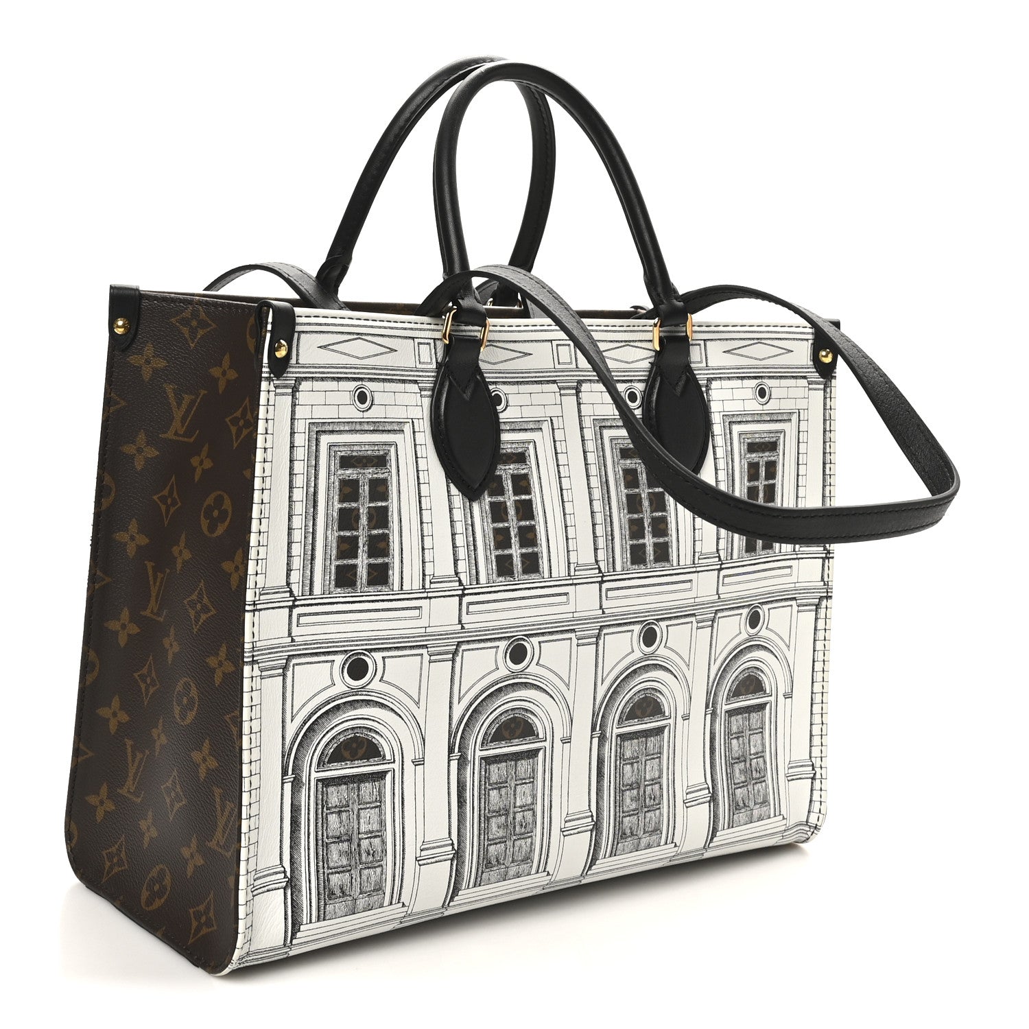 X FORNASETTI Calfskin Architettura Onthego MM Black White