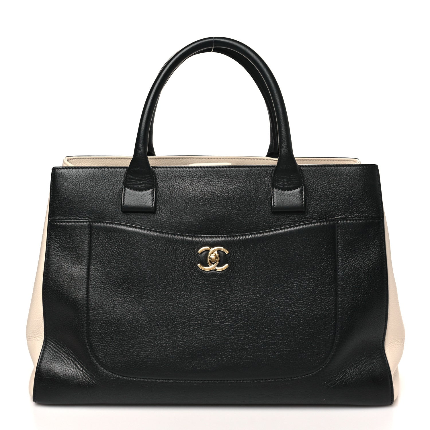 Grained Calfskin Medium Bi-Color Neo Executive Shopper Tote Black Beige