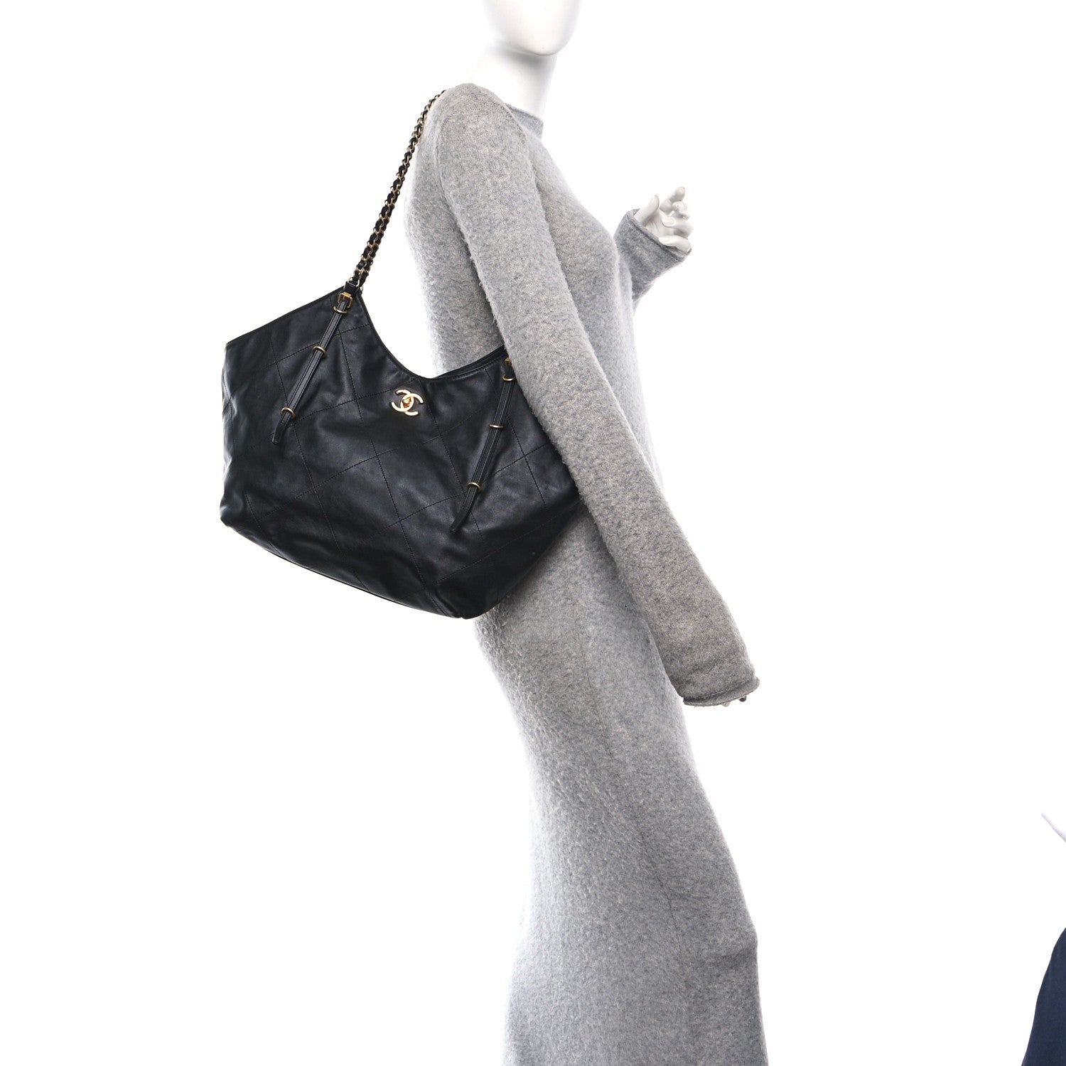 Calfskin Quilted Small Shopping Bag Black