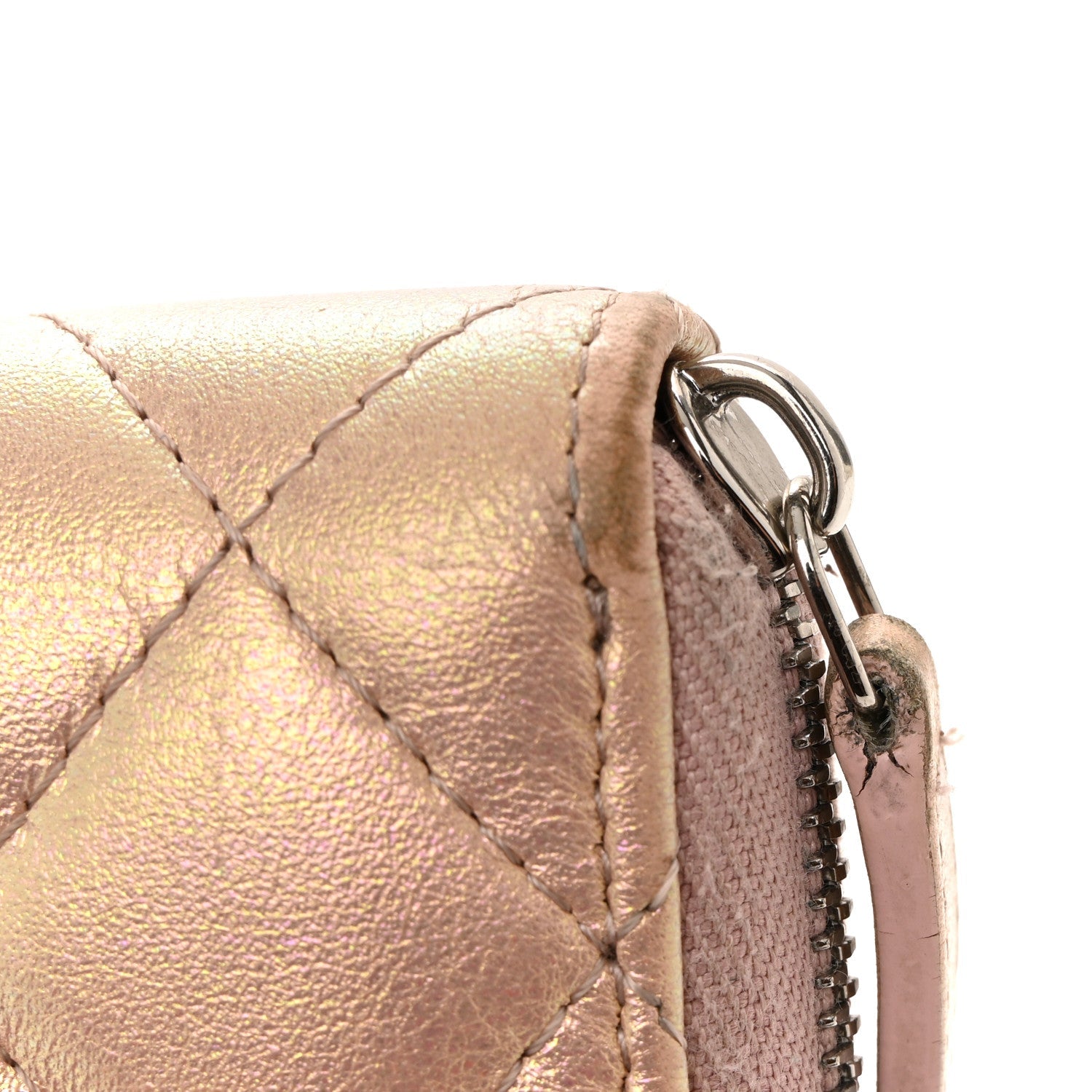 Iridescent Lambskin Quilted Large Gusset Zip Around Wallet Pink