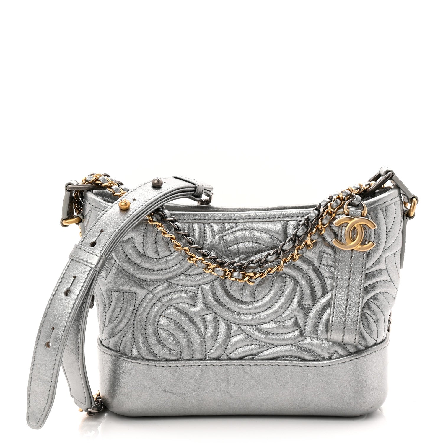 Metallic Aged Calfskin CC Quilted Small Gabrielle Hobo Dark Silver
