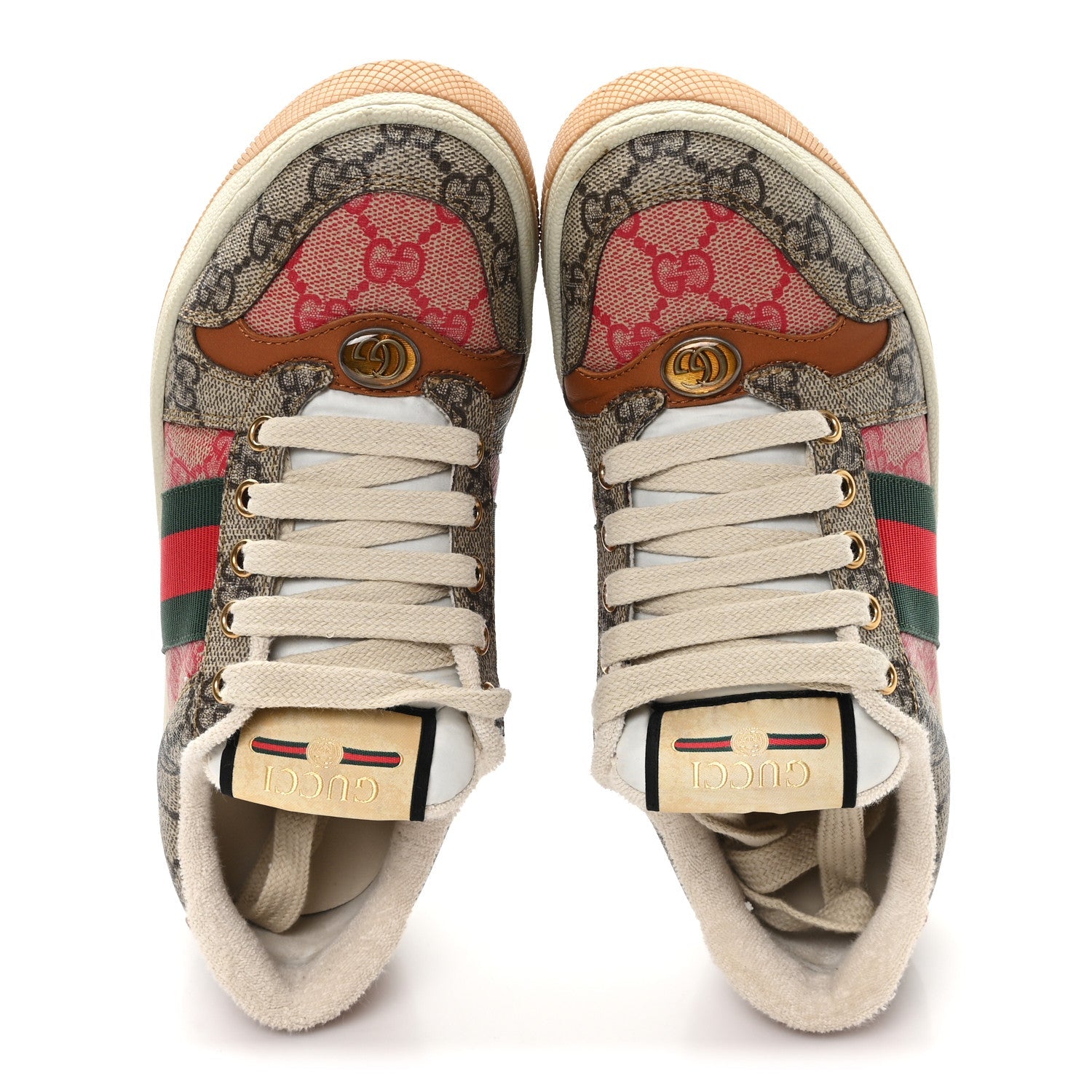 GG Supreme Monogram Harness Calfskin Web Womens Screener Sneakers 35 Beige Ebony Rosso Harness Brown