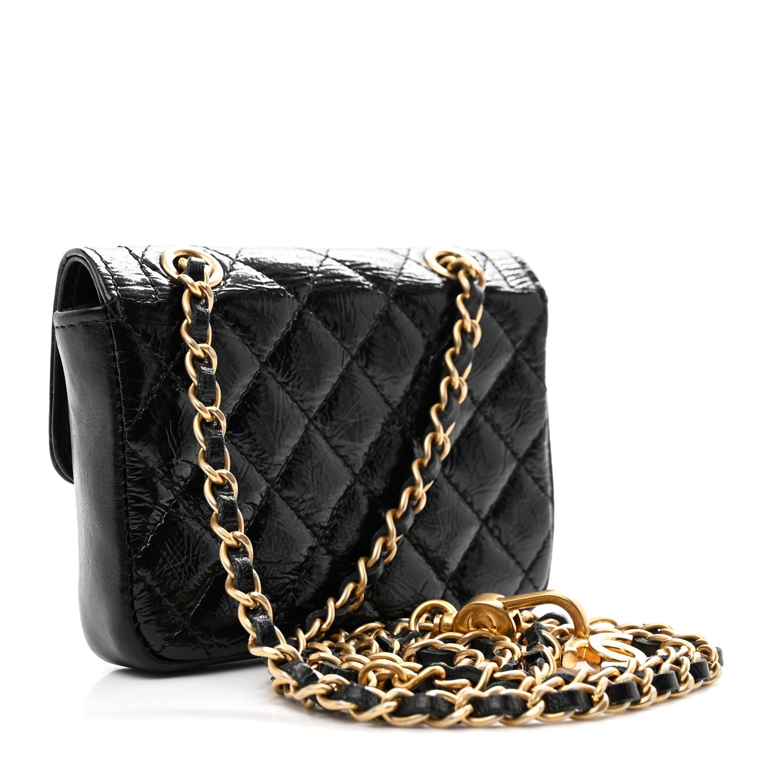 Shiny Aged Calfskin Quilted Waist Belt Bag Black