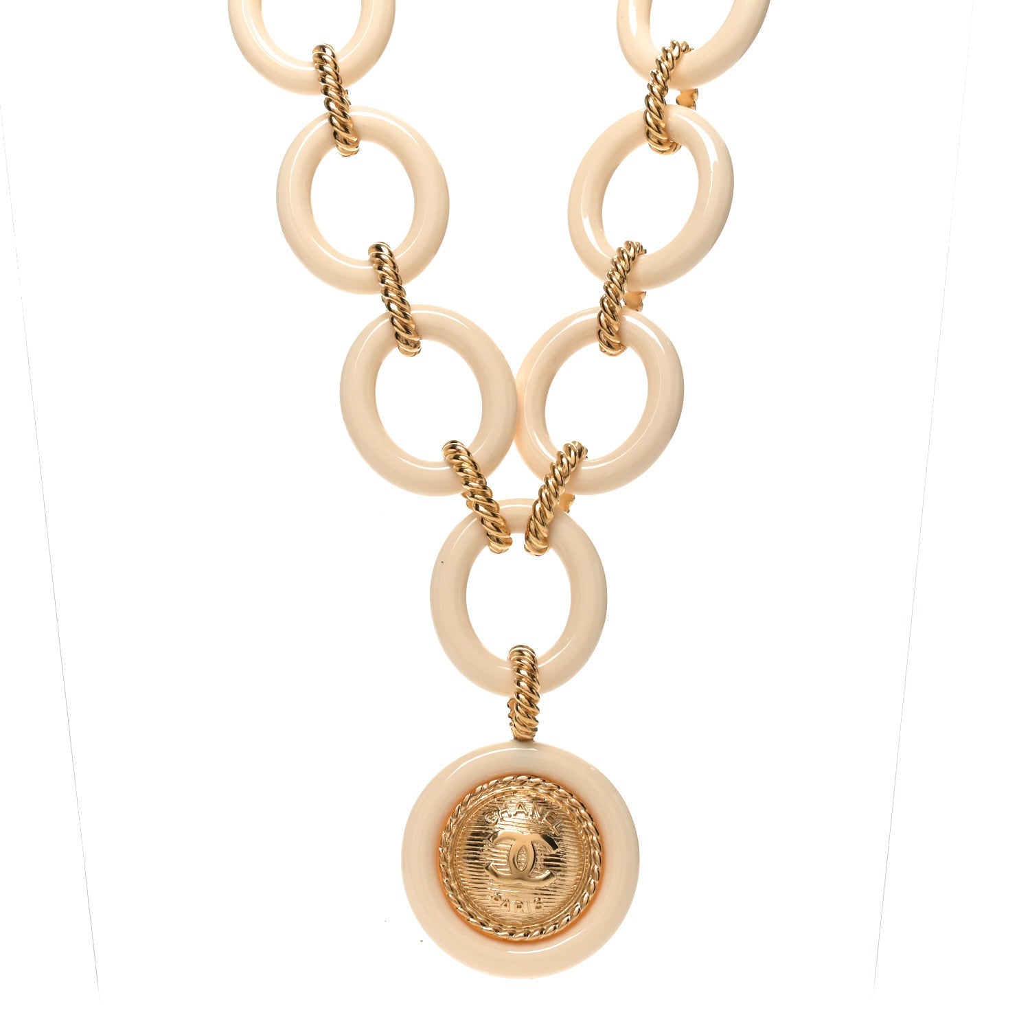 Resin Metal CC Medallion Necklace Beige Gold