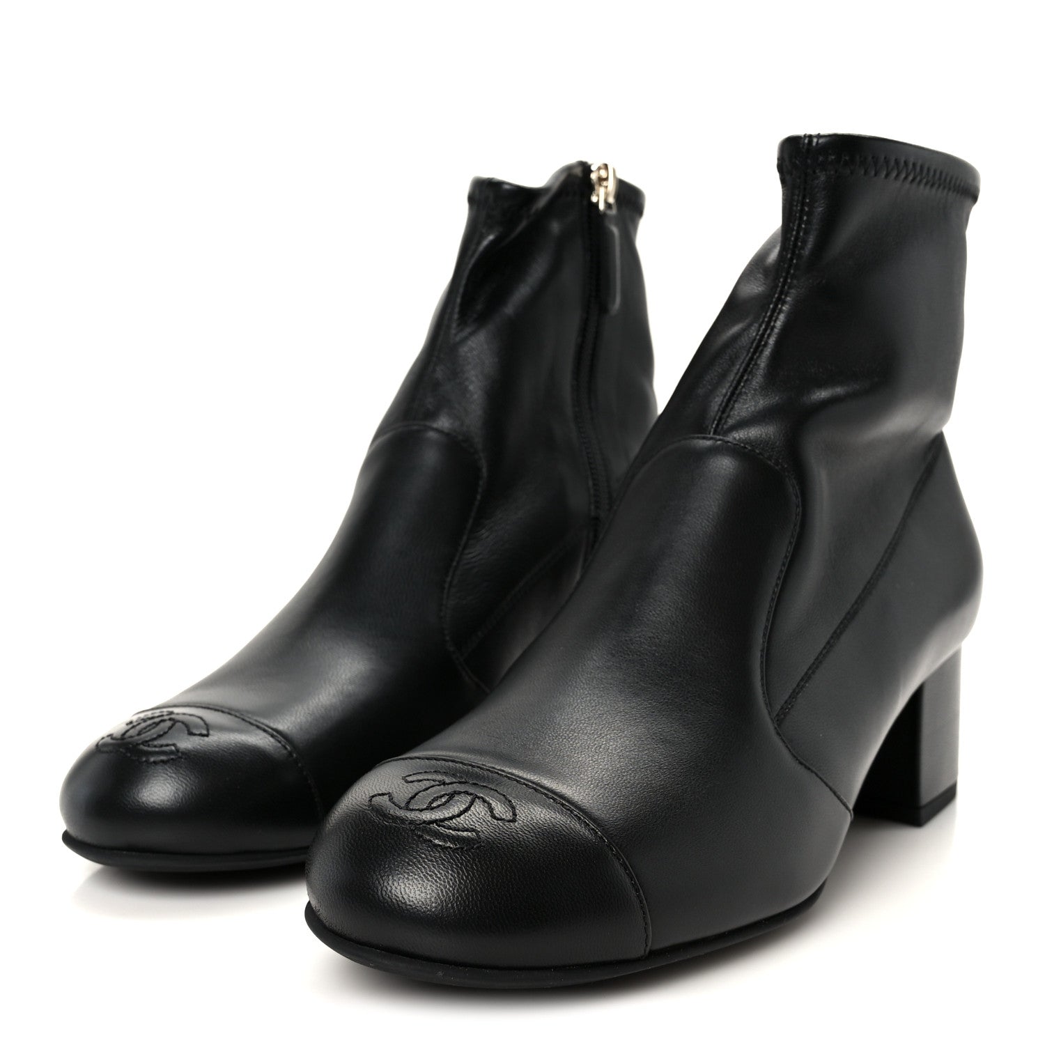 Stretch Lambskin Cap Toe CC Uniform Short Boots 38 Black