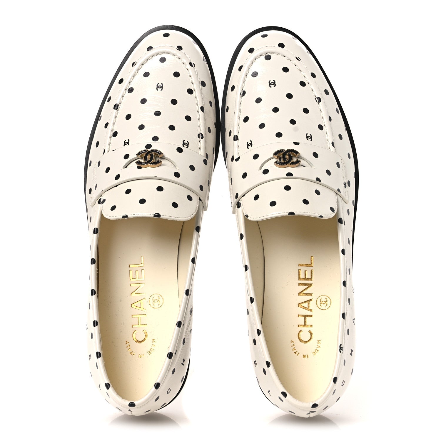 Printed Calfskin CC Dots Moccasin Loafers 36 Ivory Black