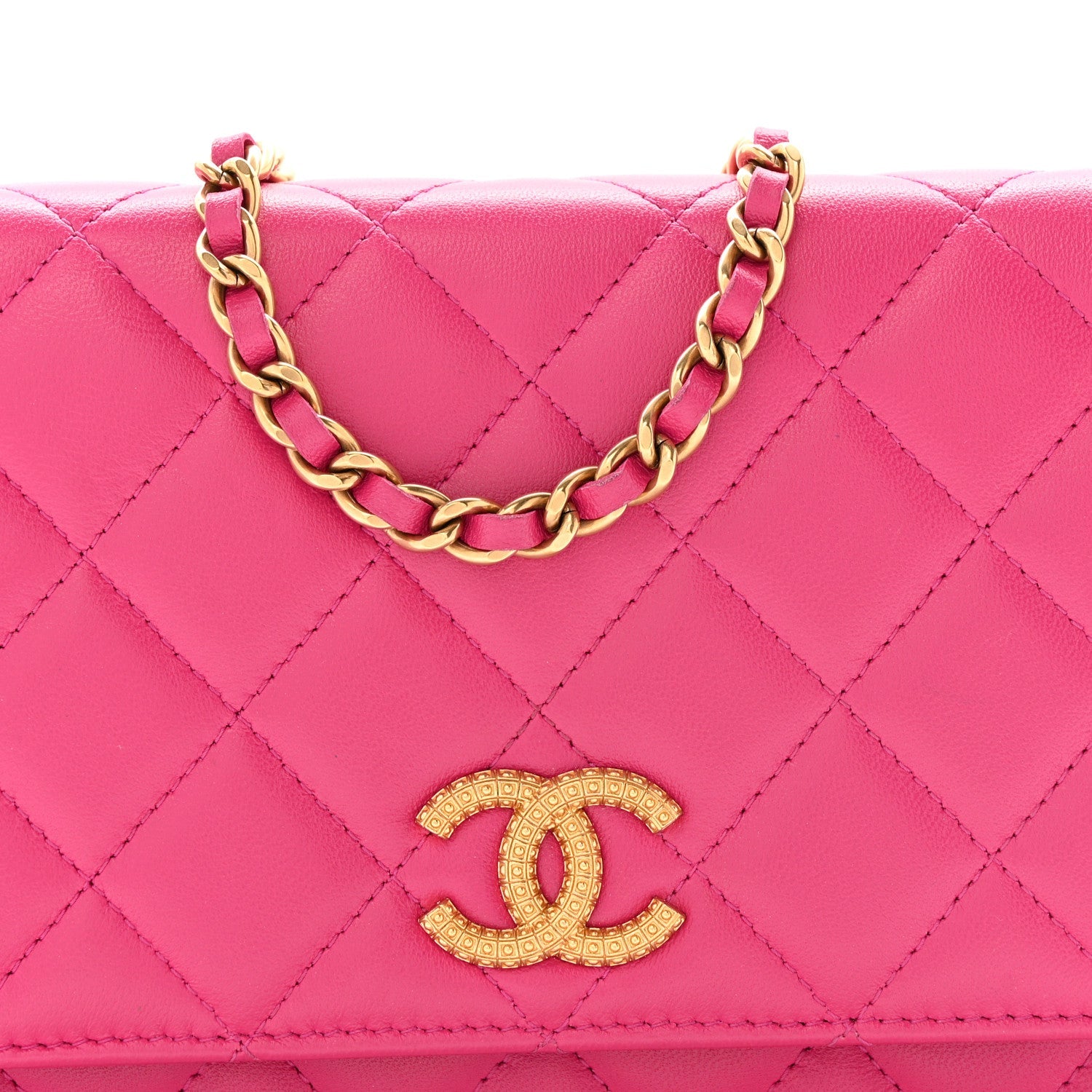Lambskin Quilted Studded CC Wallet On Chain WOC Dark Pink
