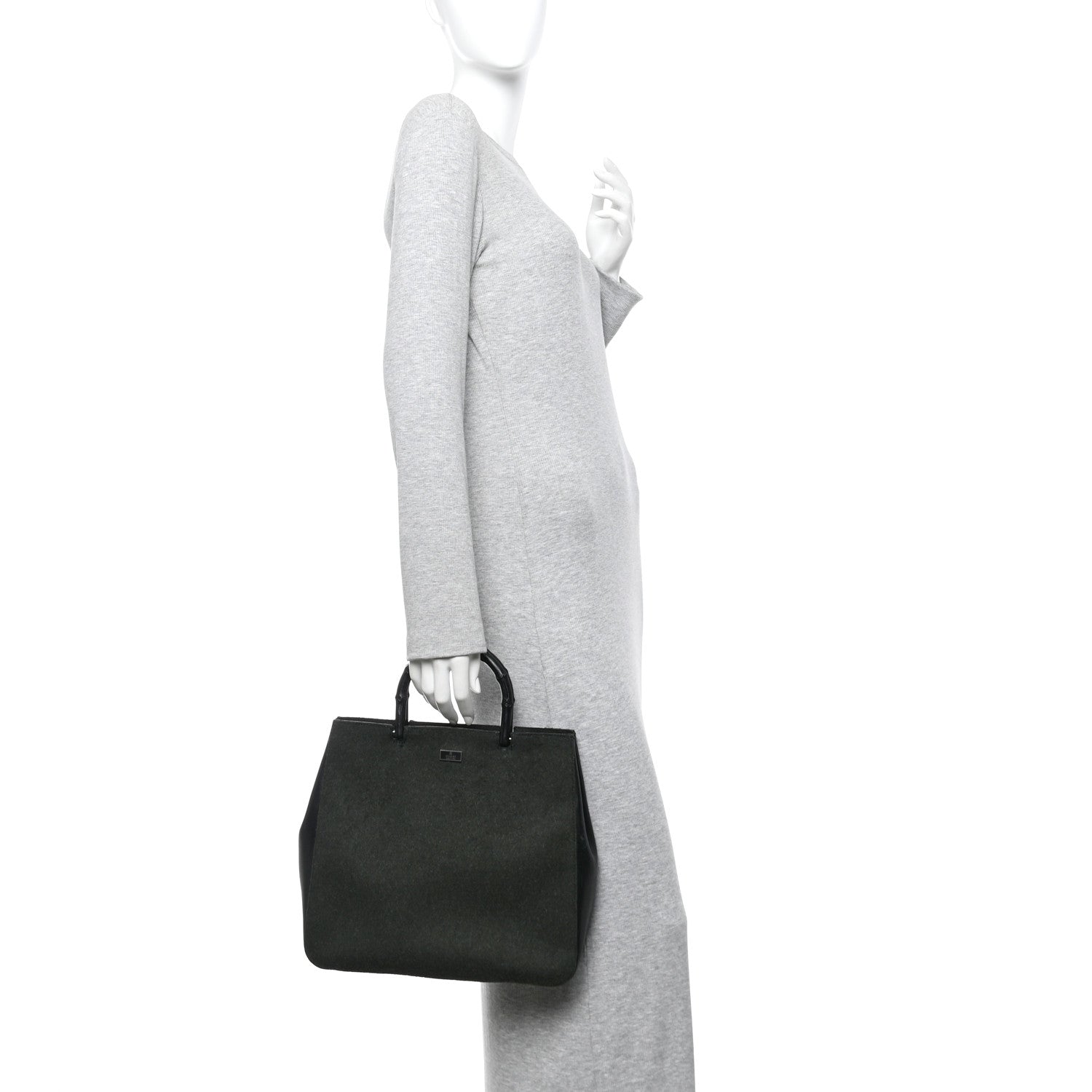 Wool Calfskin Bamboo Handle Bag Green Black