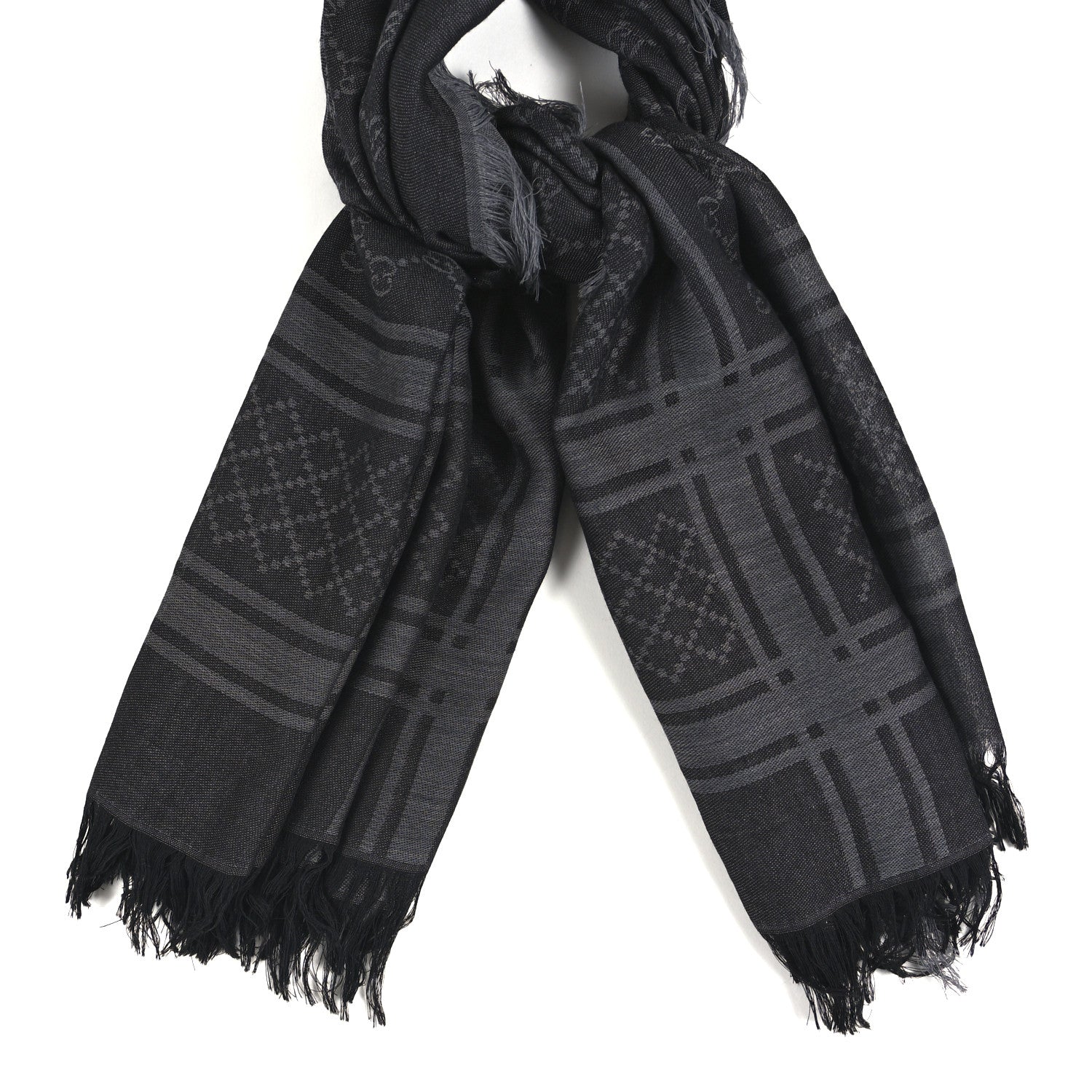 Wool Silk GG Monogram Diamante Plaid Surviee Shawl Graphite Black