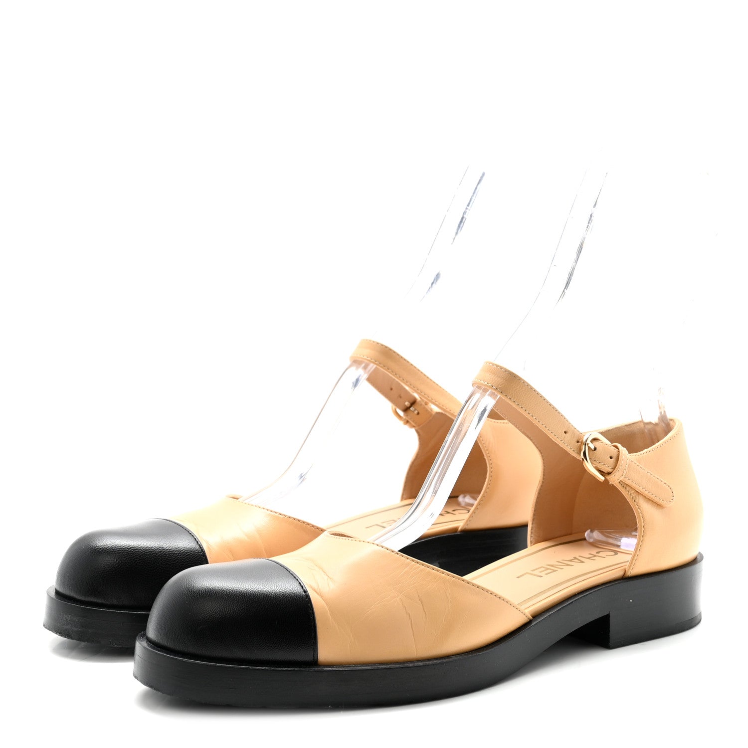 Shiny Goatskin Mary Jane Flats 38.5 Beige Black