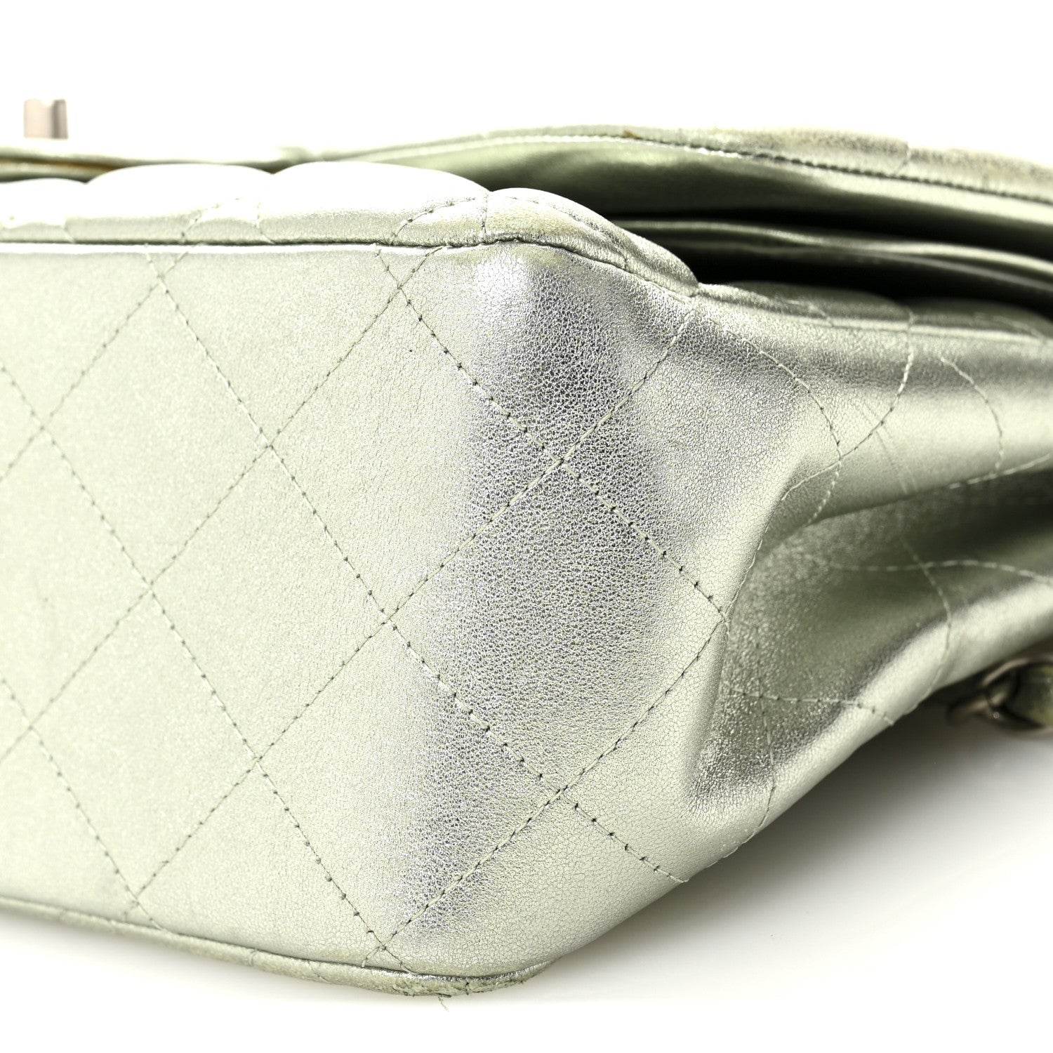 Metallic Lambskin Quilted Jumbo Double Flap Green