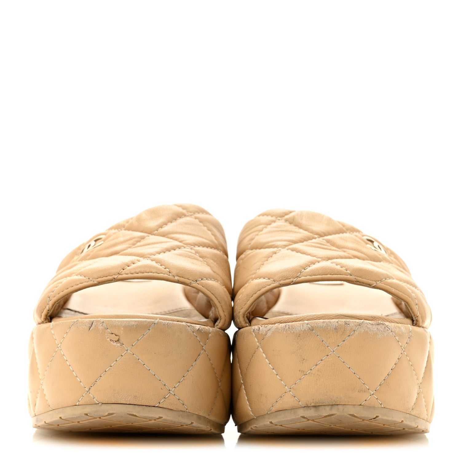 Lambskin Quilted CC Mules Wedge Sandals 36 Beige