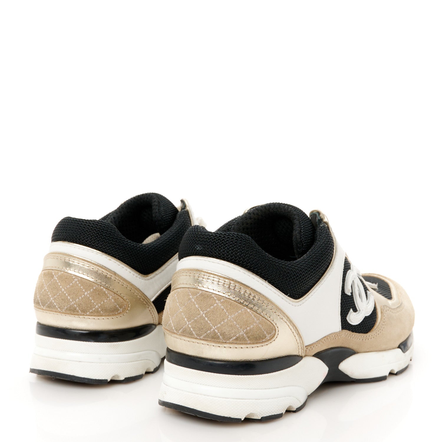 Mesh Suede Calfskin Grained Calfskin Womens CC Sneakers 37 White Black Beige Gold
