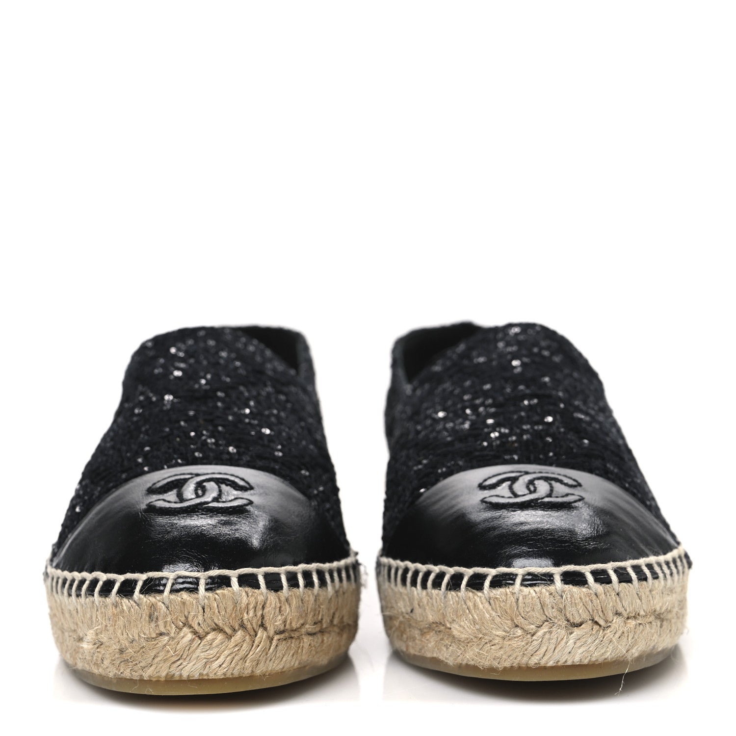 Tweed Patent Goatskin Sequin CC Espadrilles 41 Black