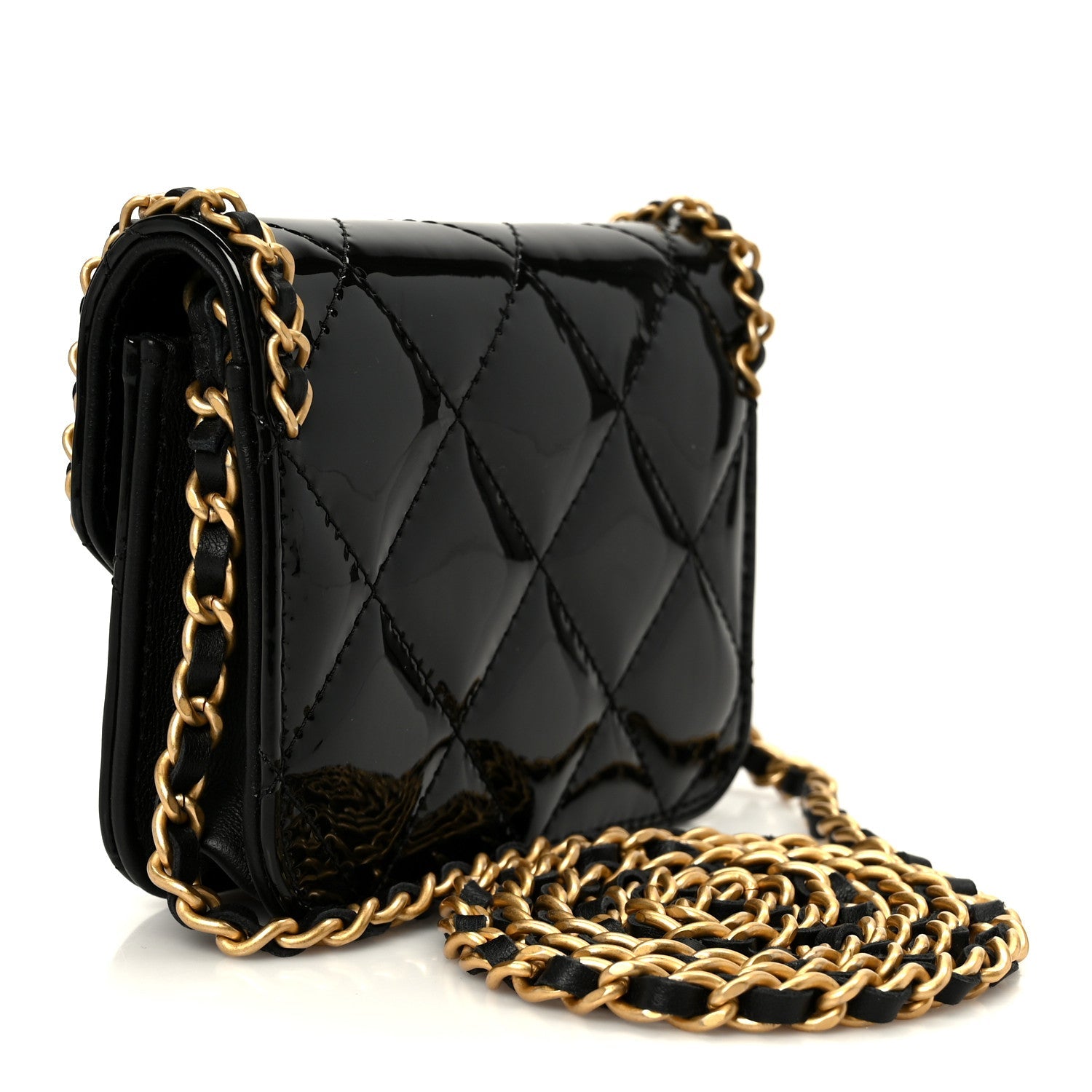 Patent Quilted Chain Around Heart Mini Chain Flap Black