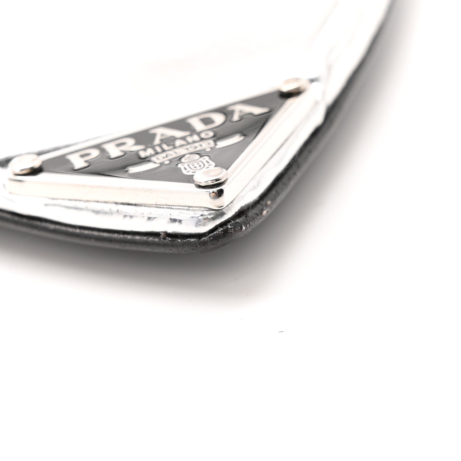 Plexiglass Metallic Calfskin Metal Triangle Logo 75mm Slide Sandals 40.5 Argento