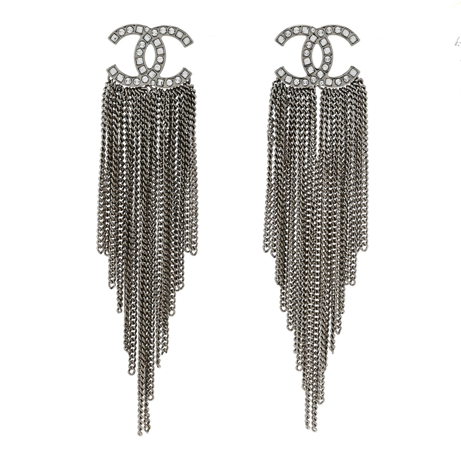 Baguette Crystal CC Chain Drop Earrings Silver