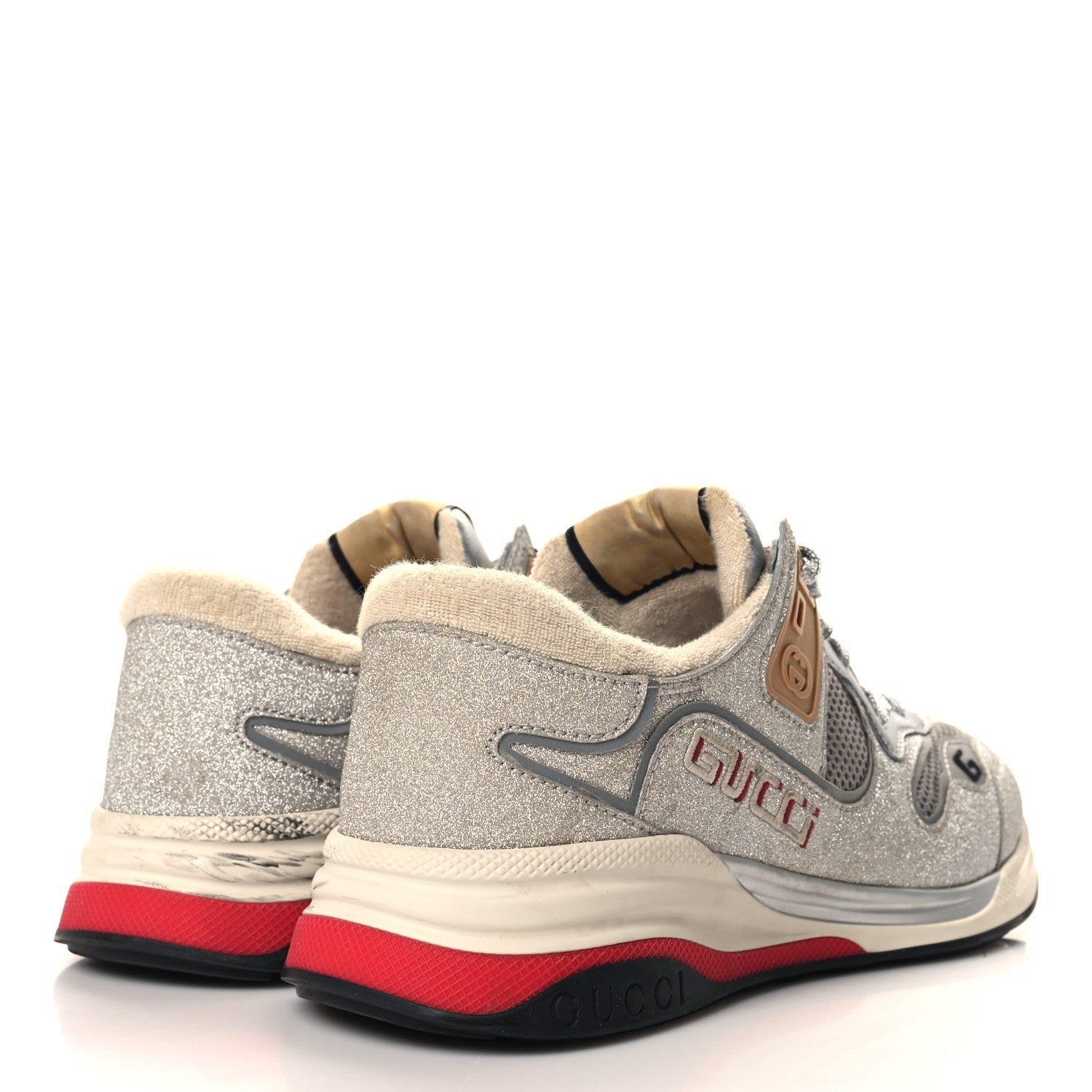 Metallic Calfskin Glitter Mesh Mens Ultrapace Sneakers 8 Silver Light Grey Mystic White