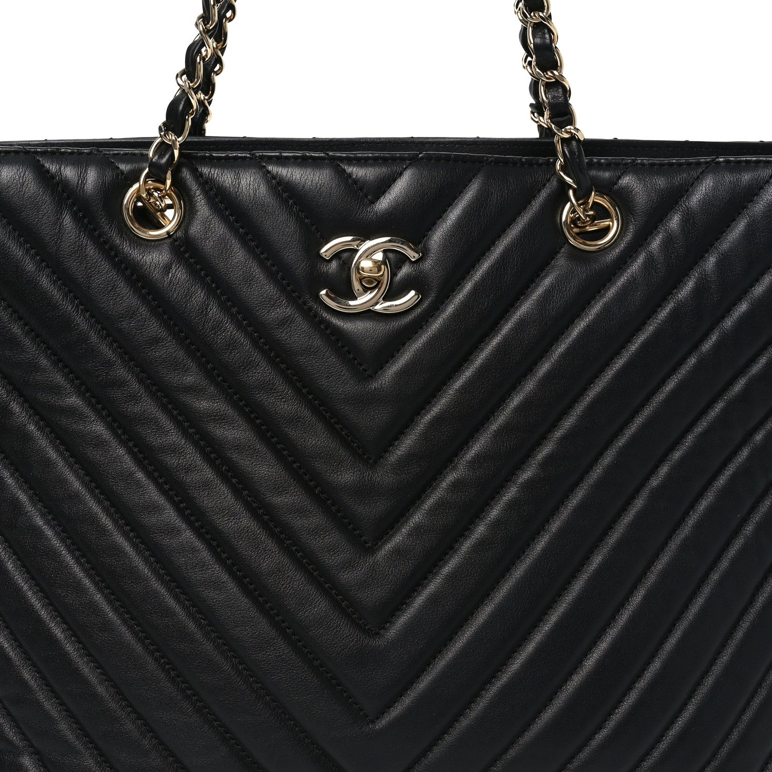 Iridescent Calfskin Chevron Quilted Shopping Tote Black