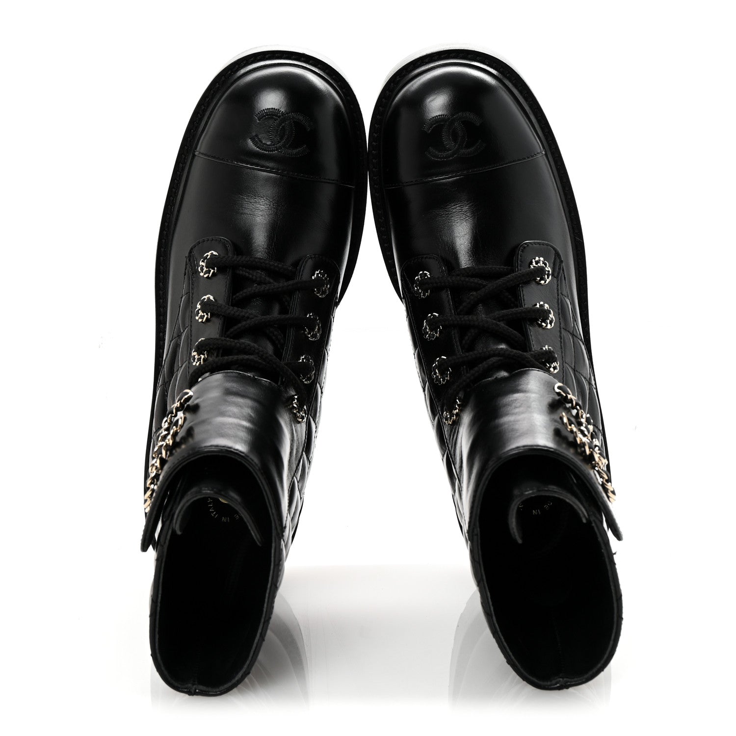 Shiny Lambskin Quilted Lace Up Combat Boots 39 Black