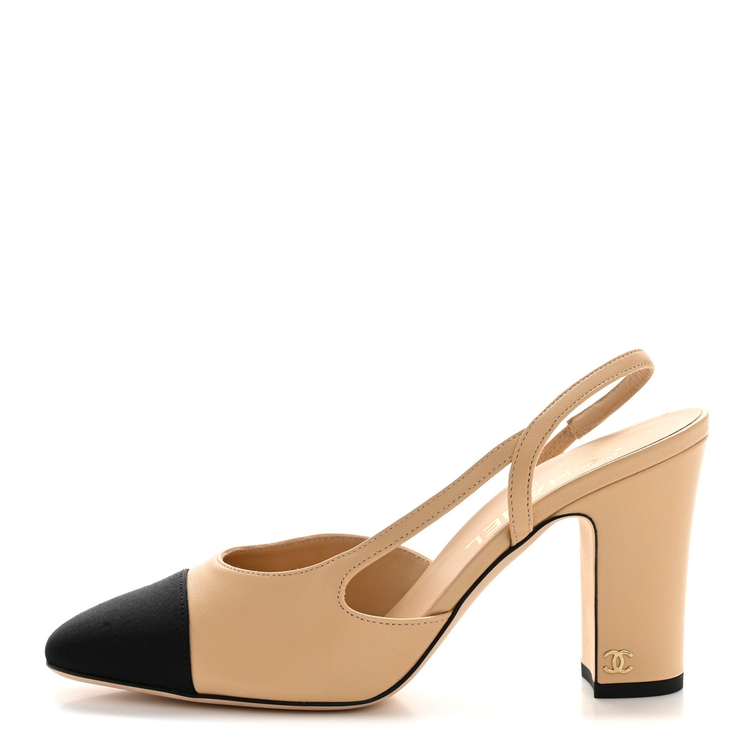 Goatskin Grosgrain Cap Toe CC Slingback Pumps 38.5 Beige Black