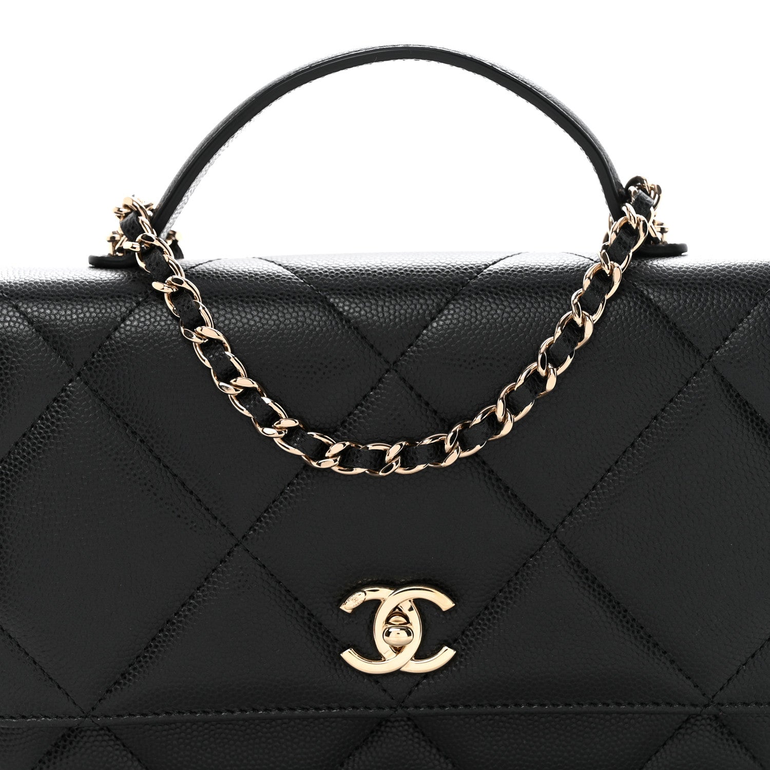 Shiny Caviar Quilted Turnlock Top Handle Wallet On Chain WOC Black