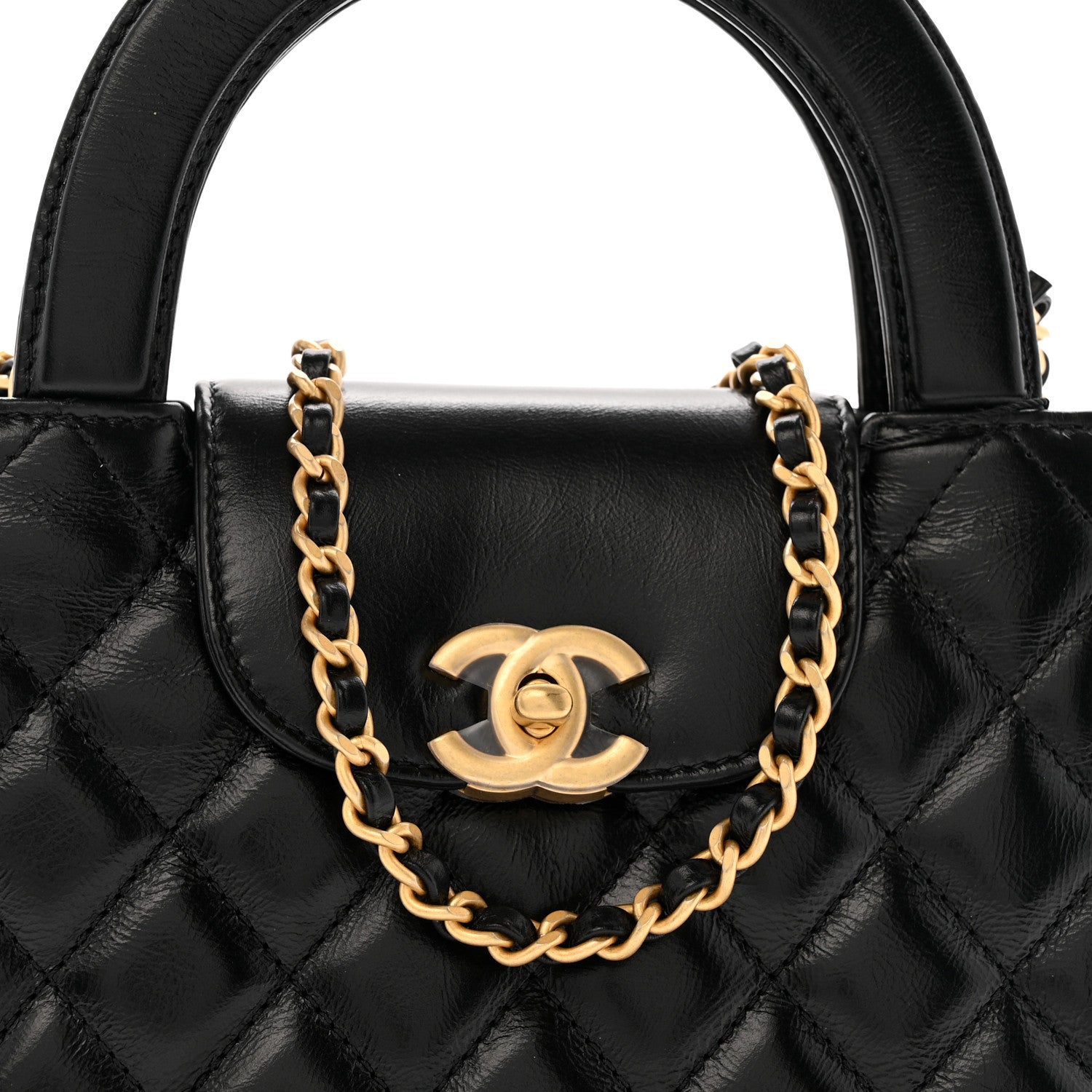 Shiny Aged Calfskin Quilted Nano Kelly Shopper Black