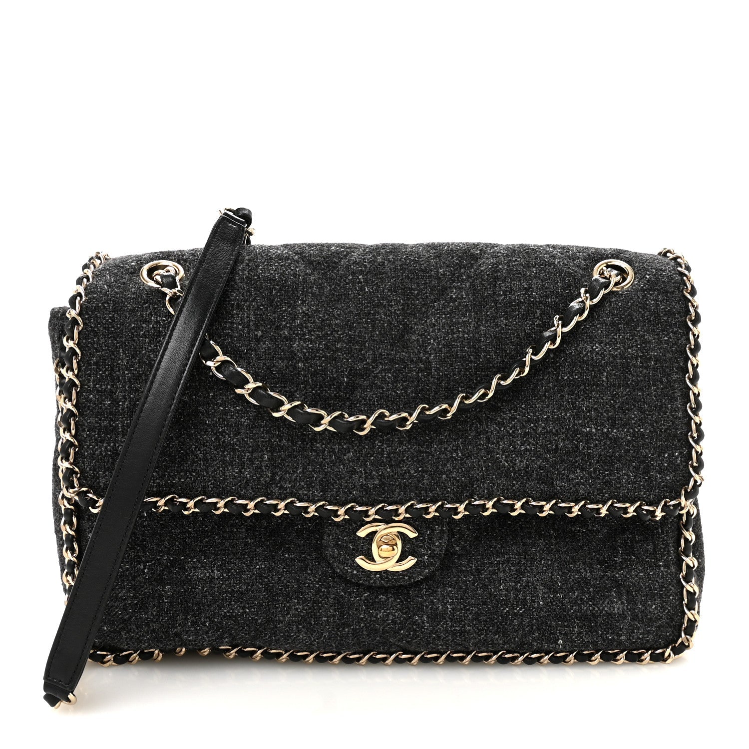 Wool Tweed Quilted Coco Neige Chain Around Flap Black